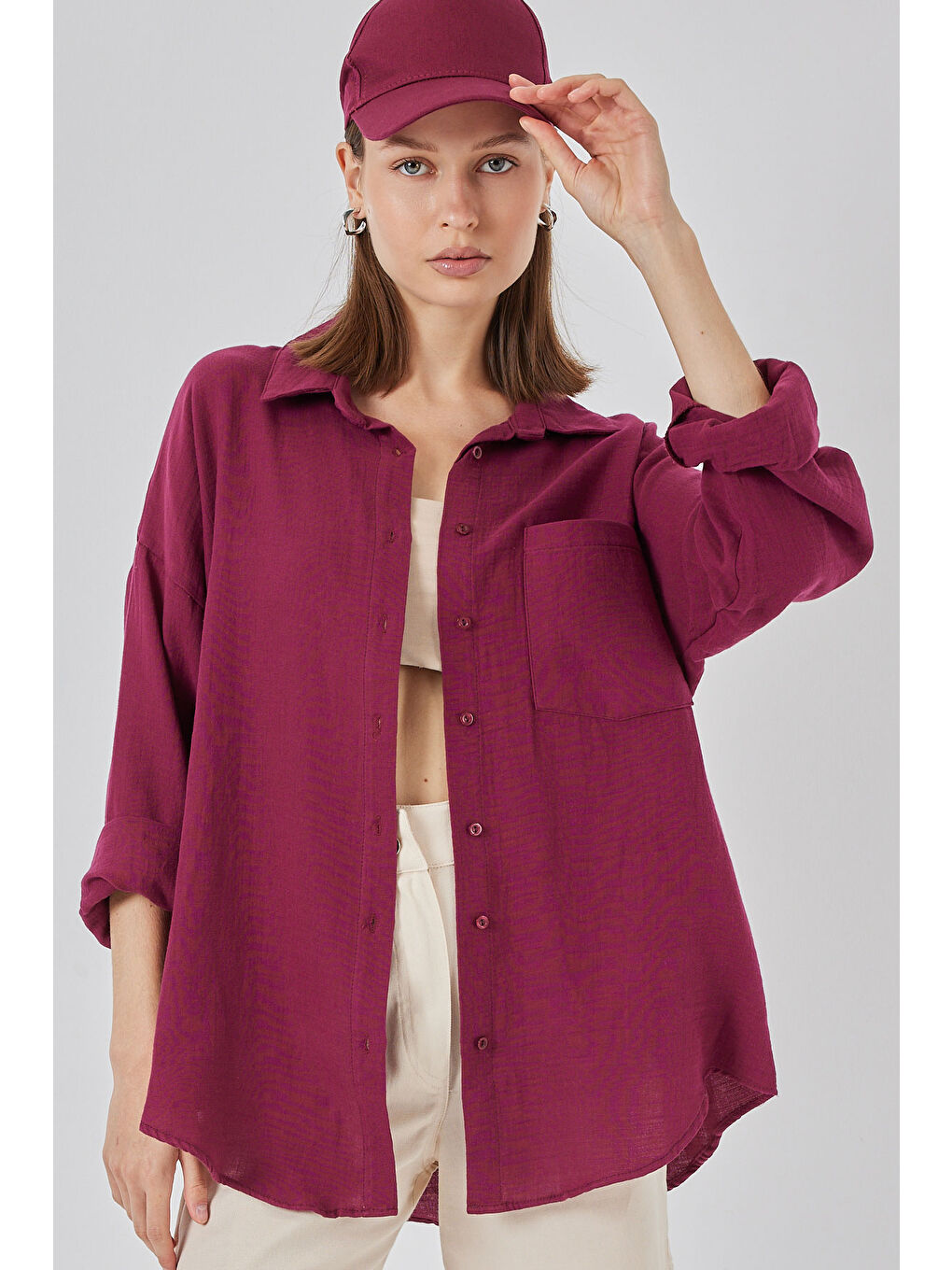 Kadın Tek Cepli Oversize Müslin Gömlek 20353 - Mürdüm-3