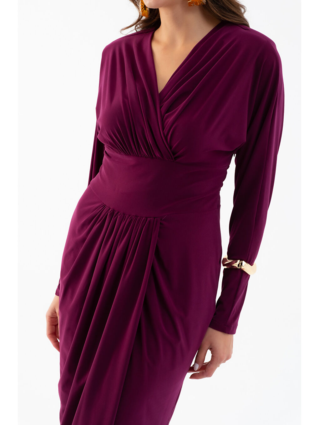 Kadın Mürdüm V Yaka Midi Elbise-3