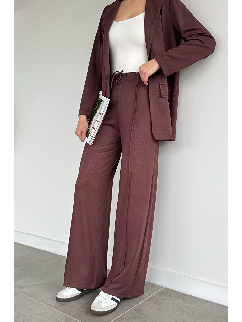 Kahverengi Kadın Tek Düğmeli Ceket Bel Lastikli Çimalı Pantolon İkili Takım-1
