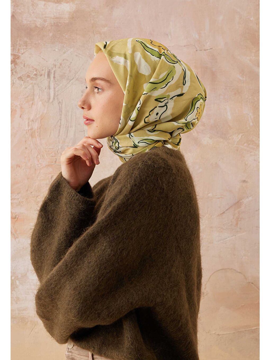 Yeşil Aspen Desen Pamuk İpek Eşarp Adaçayı-3