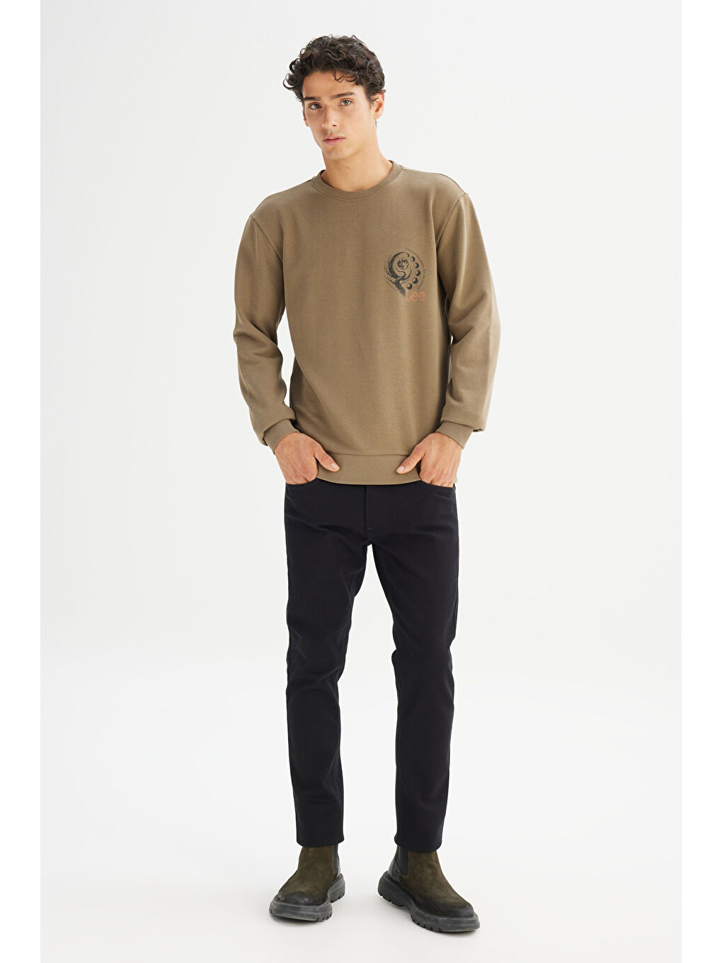 Regular Fit Normal Kesim Bisiklet Yaka Baskılı Haki Sweatshirt-1
