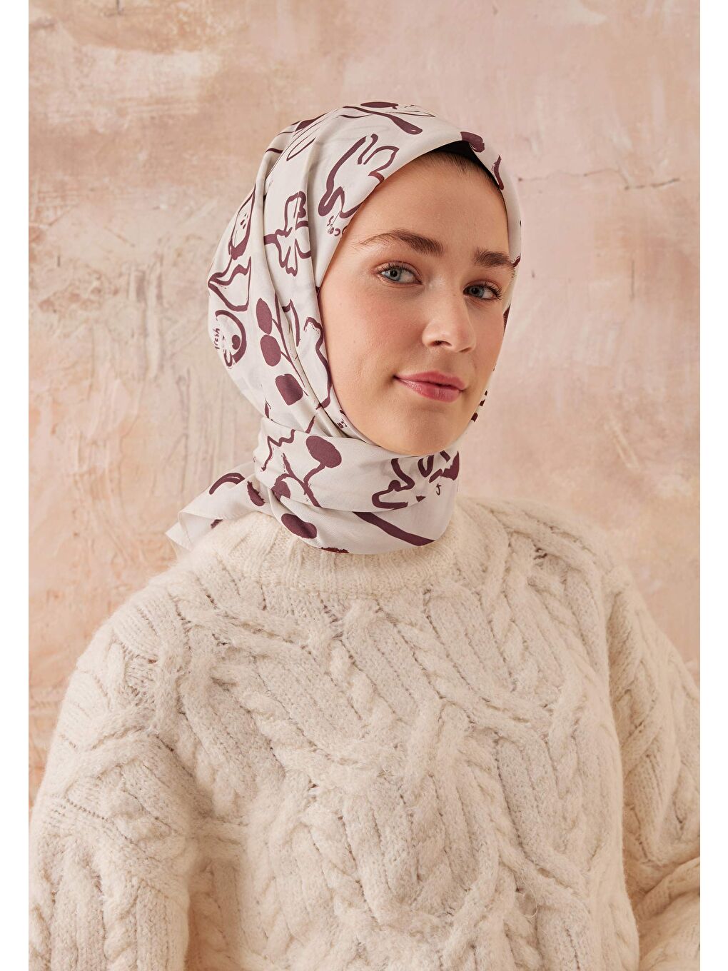 Kırmızı Luna Desen Pamuk İpek Eşarp Vişne-2