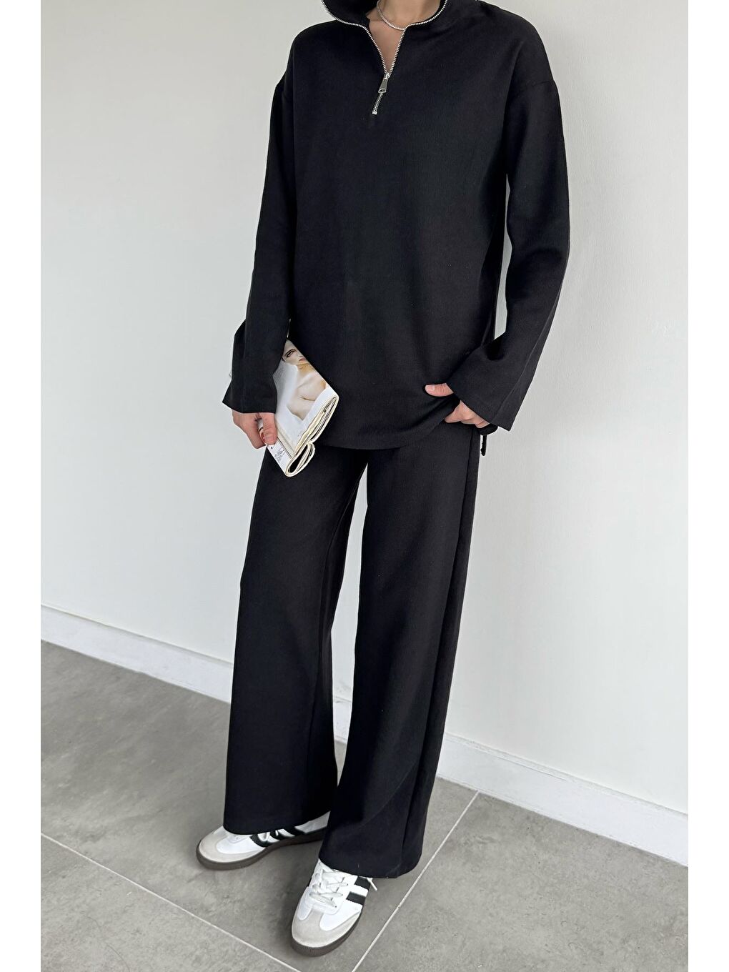 Siyah Kadın Polo Yaka Selanik Kumaş Sweat Bel Lastikli Pantolon İkili Takım-1
