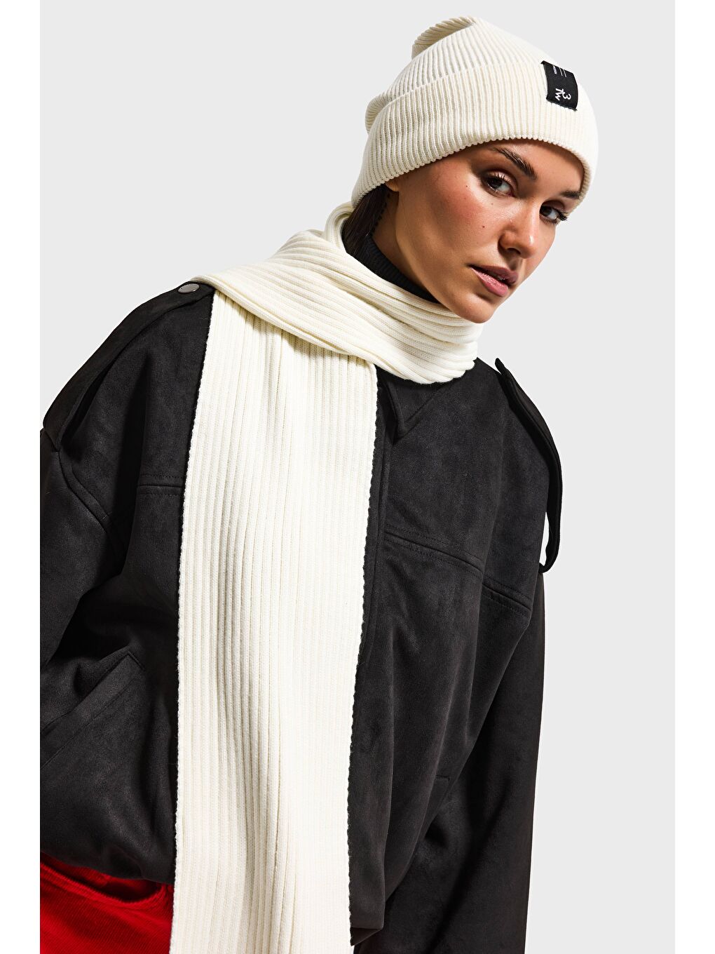 Beyaz Fitilli Kumaş Bere Atkı 2'li Takım-3