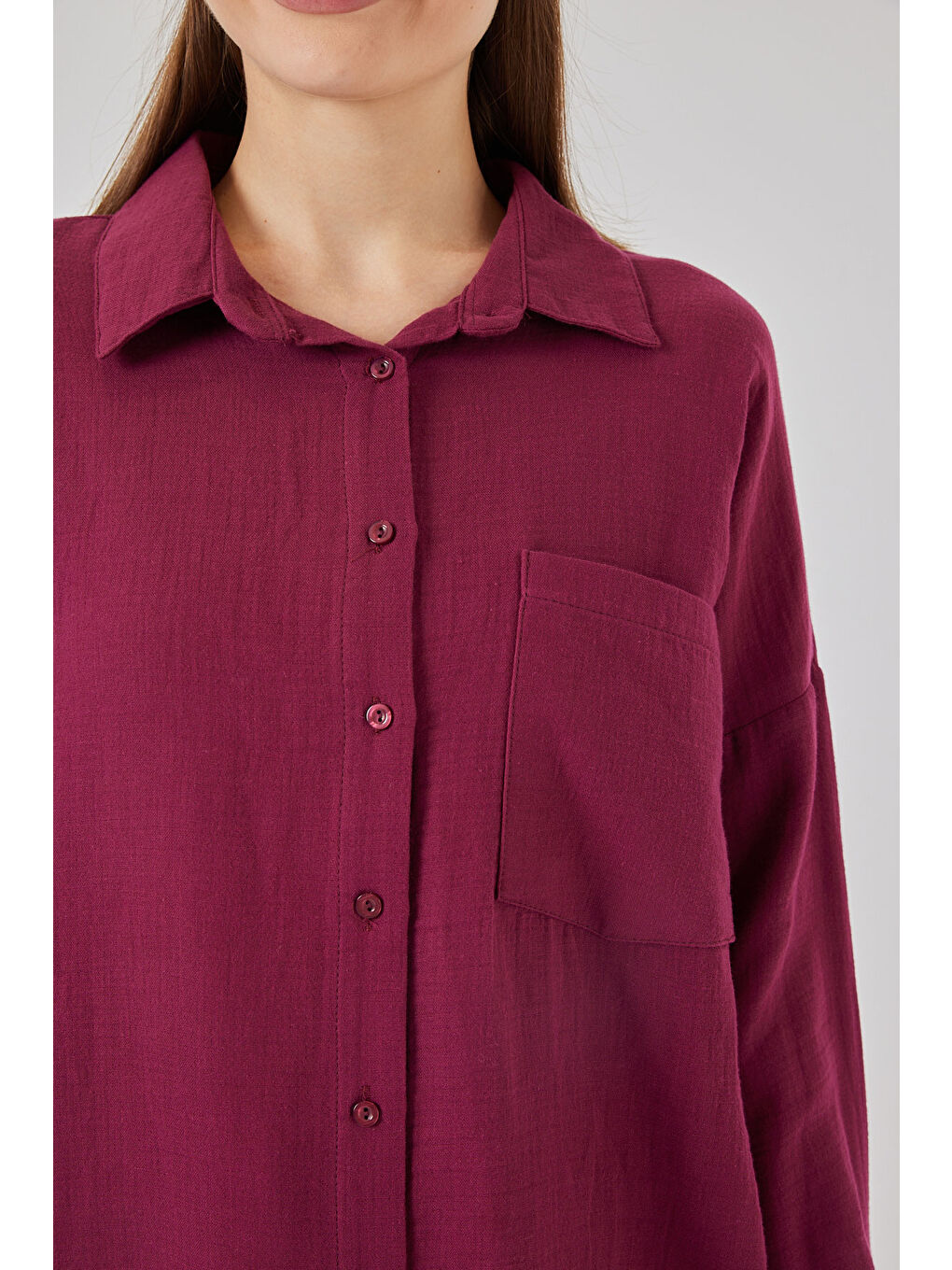 Kadın Tek Cepli Oversize Müslin Gömlek 20353 - Mürdüm-4