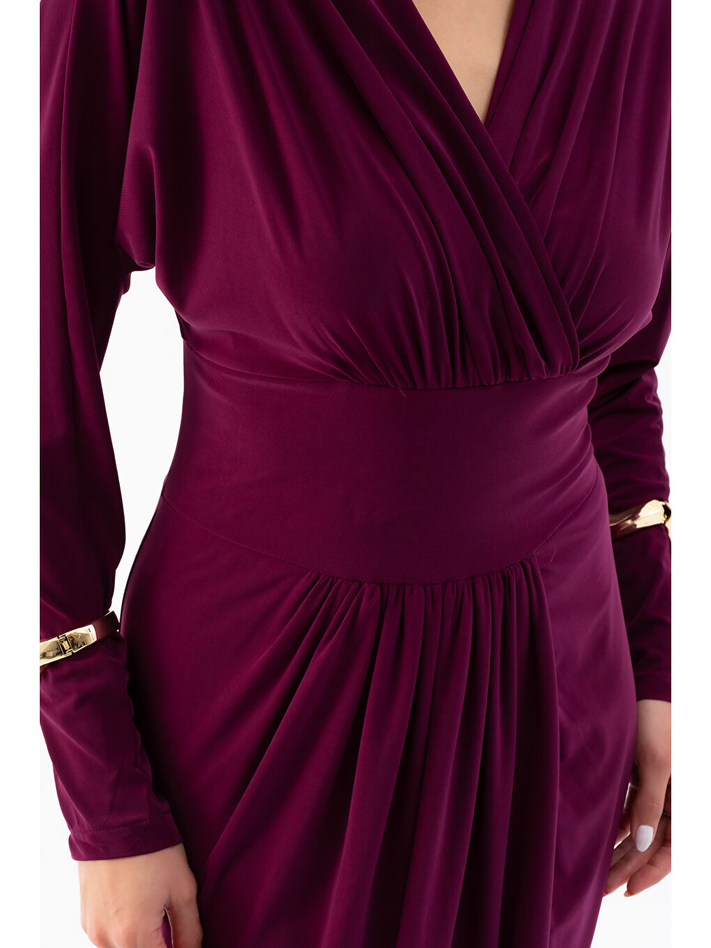 Kadın Mürdüm V Yaka Midi Elbise-4