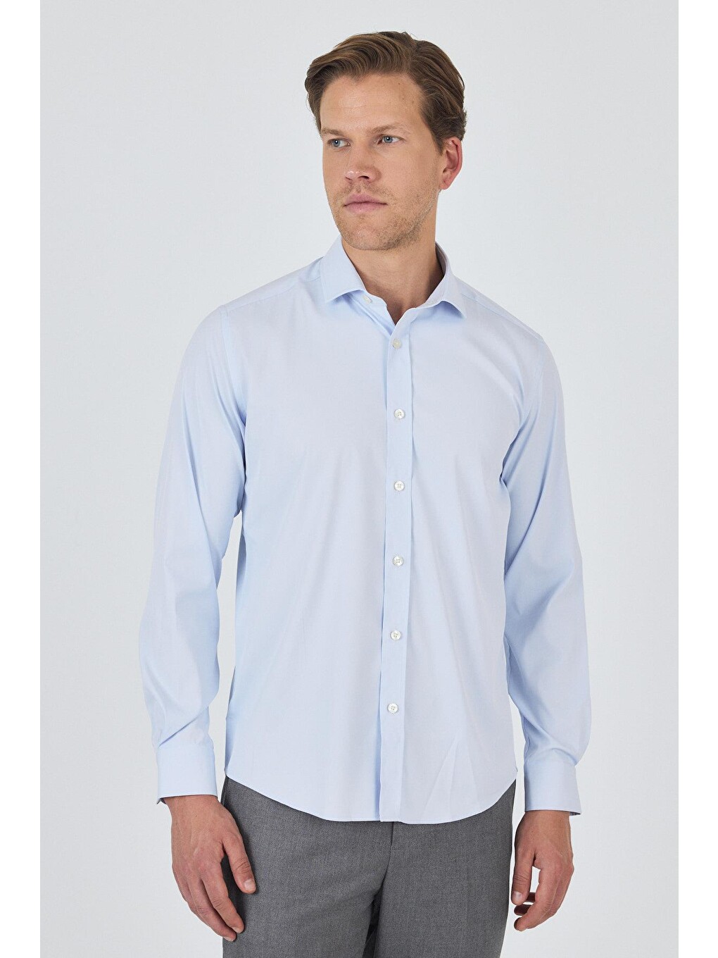 Koyu Mavi Yarım İtalyan Yaka Cepsiz Gabardin Uzun Kol Slim Fit Esnek Gömlek 1004250235-1