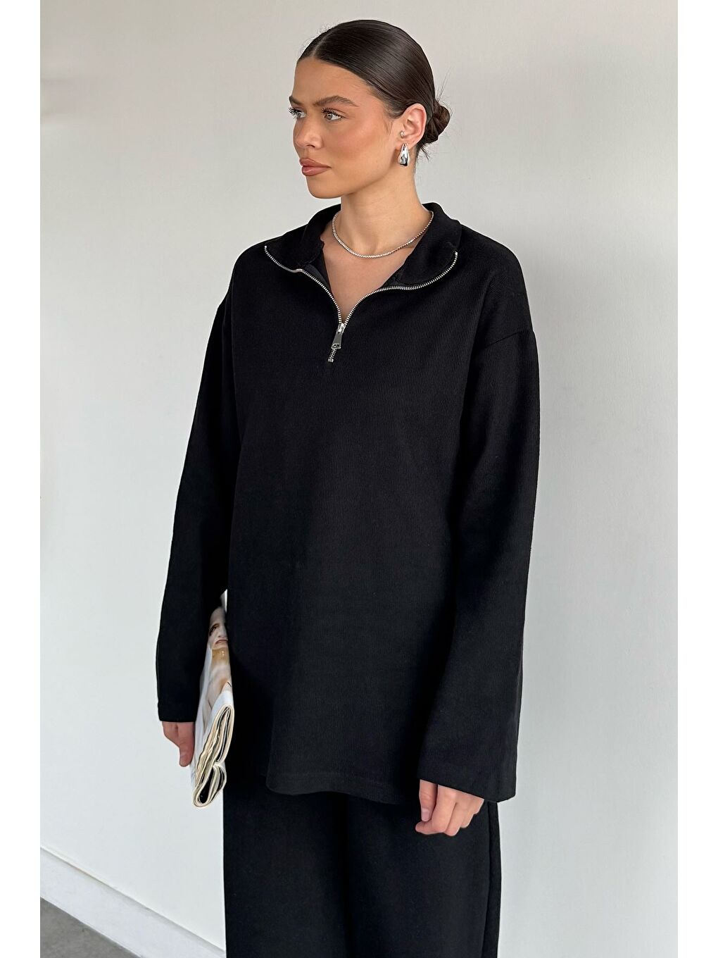 Siyah Kadın Polo Yaka Selanik Kumaş Sweat Bel Lastikli Pantolon İkili Takım-2