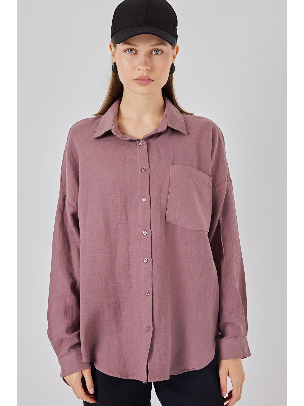 Kadın Tek Cepli Oversize Müslin Gömlek 20353 - Koyu Lila-1
