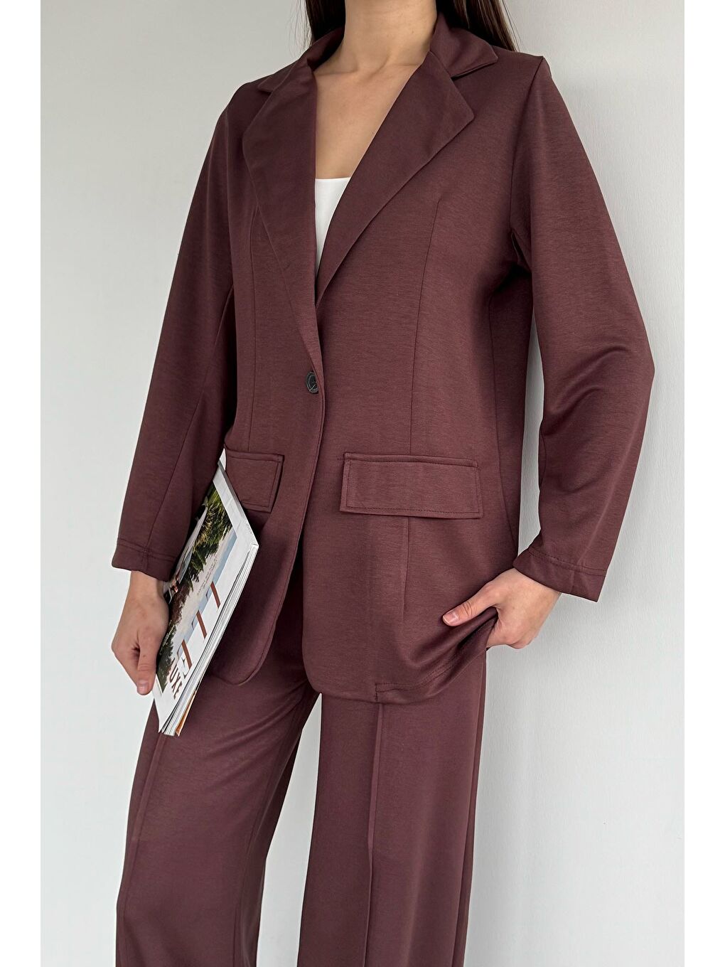 Kahverengi Kadın Tek Düğmeli Ceket Bel Lastikli Çimalı Pantolon İkili Takım-2