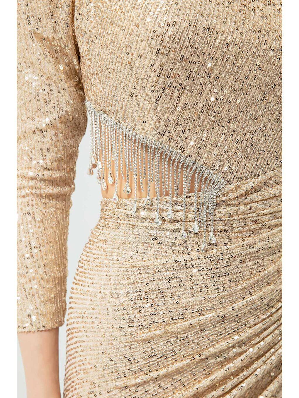 Kadın Bej Tek Kol Payetli ve Taşlı Uzun Abiye Elbise-1