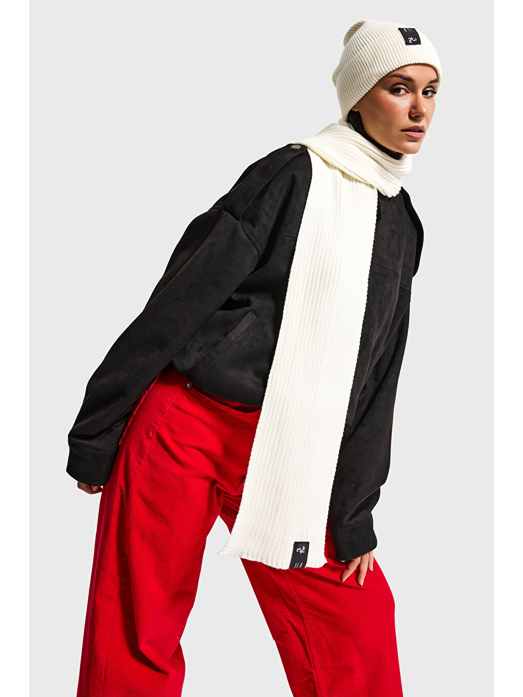 Beyaz Fitilli Kumaş Bere Atkı 2'li Takım-4