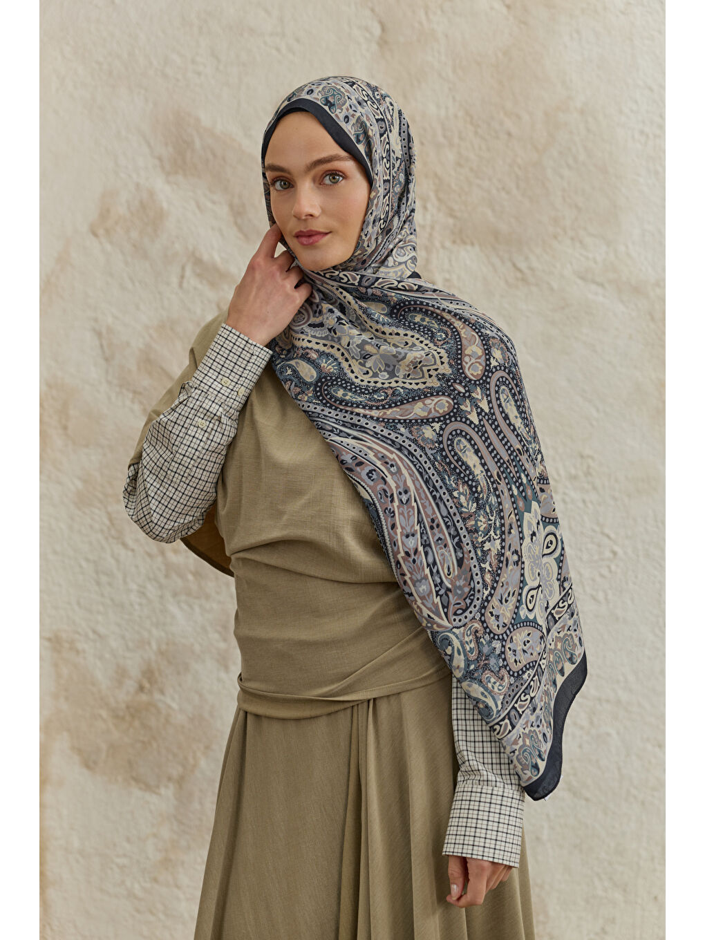 Bej Cupra Prive Desenli Şal Saga Taş-1