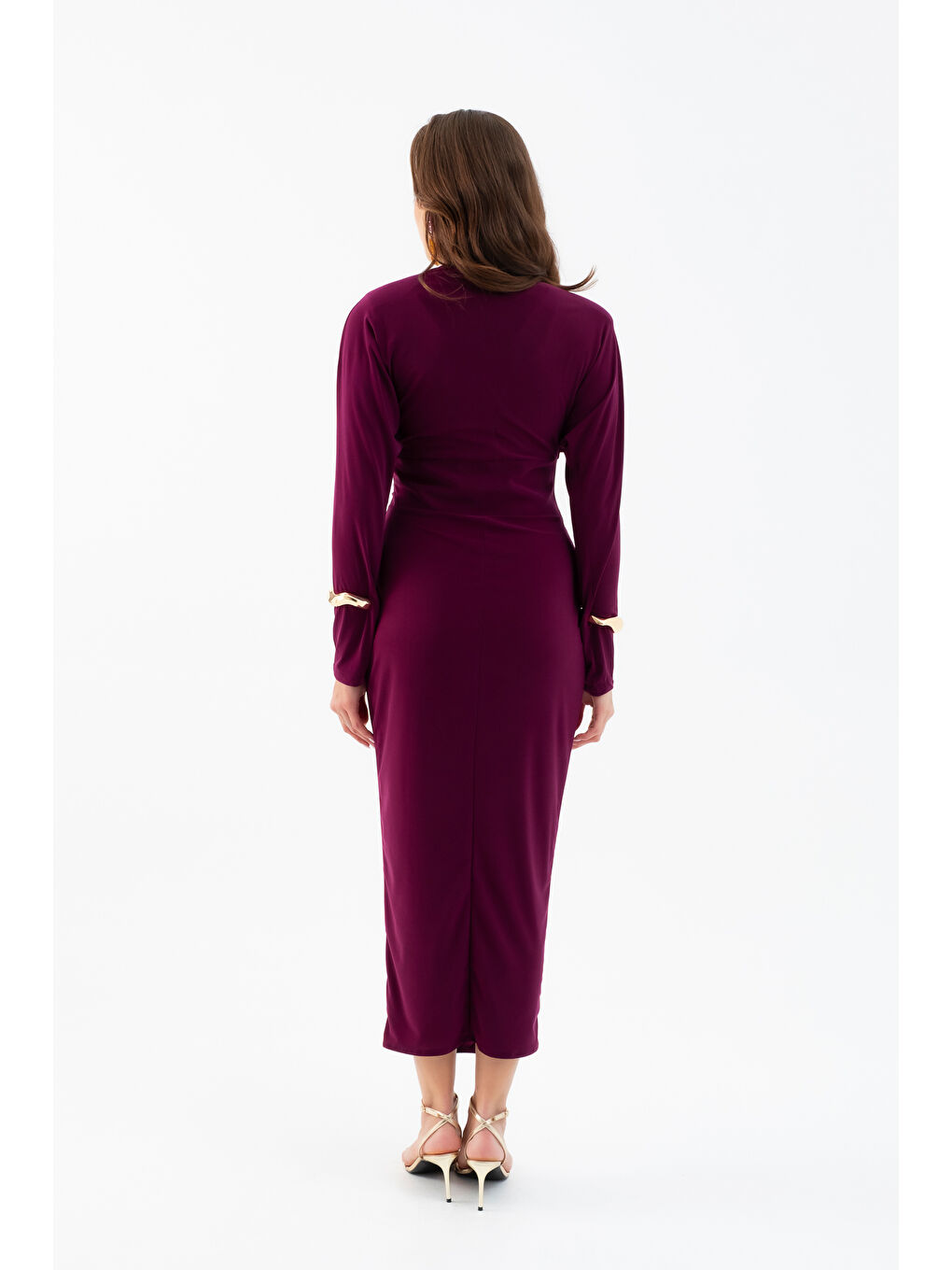 Kadın Mürdüm V Yaka Midi Elbise-5