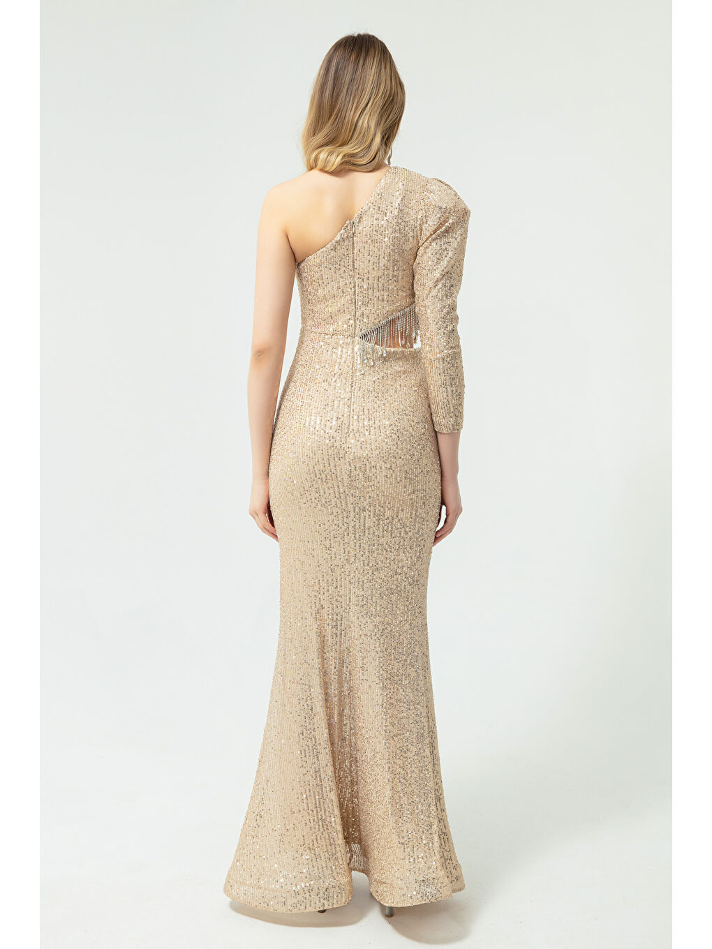 Kadın Bej Tek Kol Payetli ve Taşlı Uzun Abiye Elbise-4