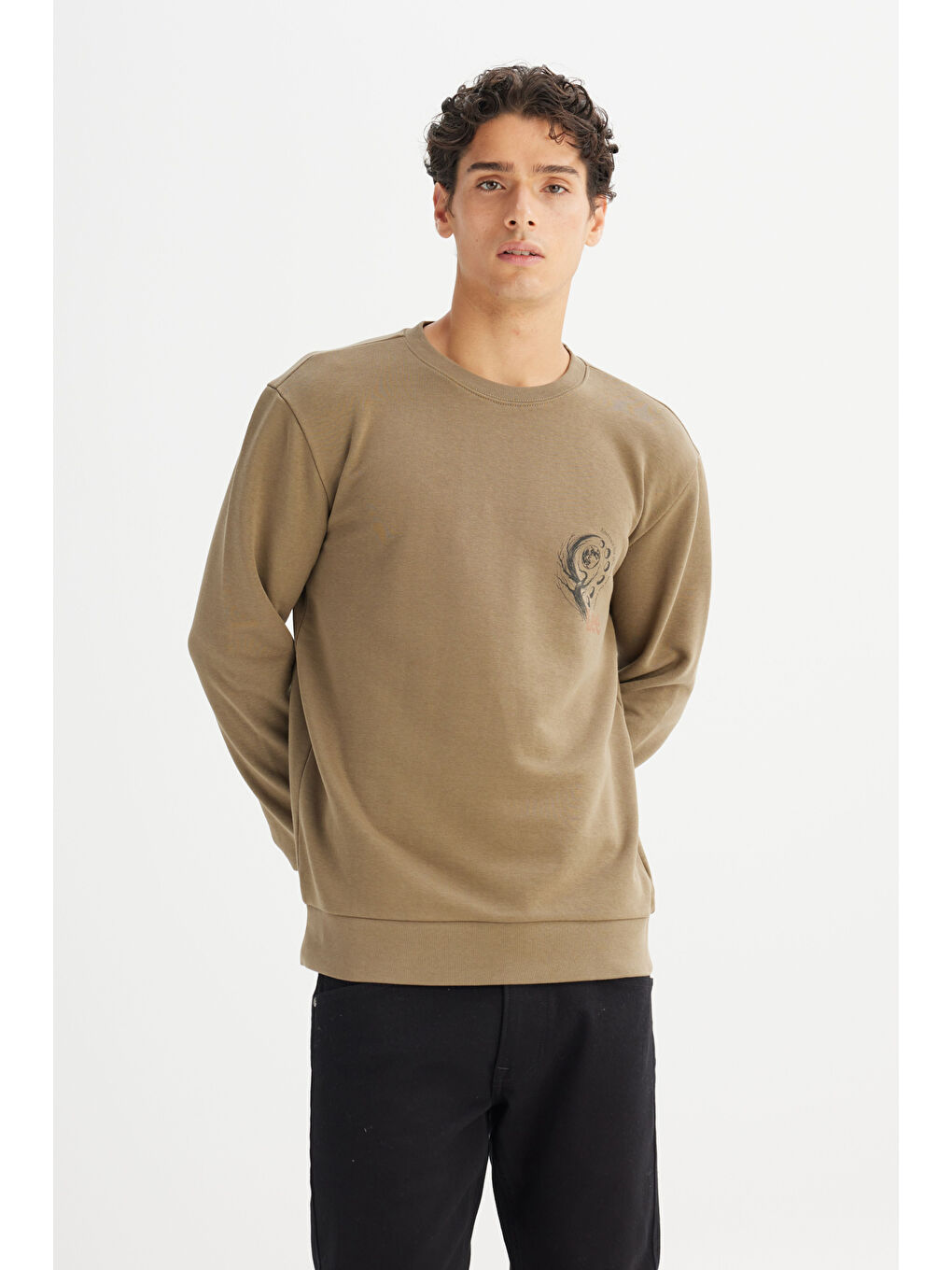 Regular Fit Normal Kesim Bisiklet Yaka Baskılı Haki Sweatshirt-2