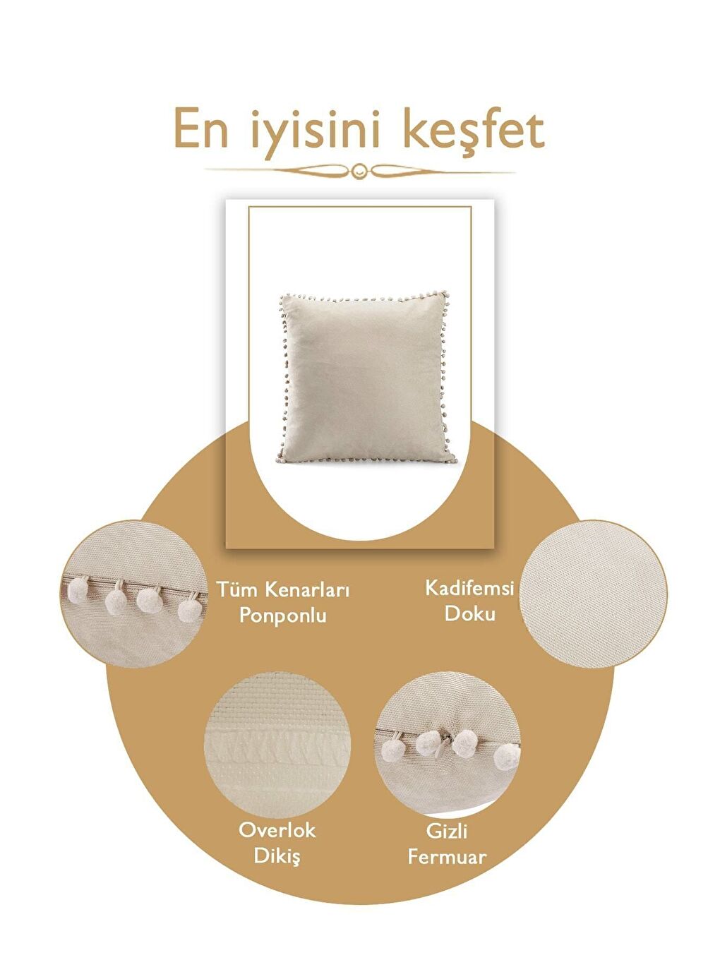 Ekru Renk Ve Ölçü Seçenekli Krem Ponponlu Kırlent Kılıfı Dekoratif Düz Sade Punch Panoroma-6