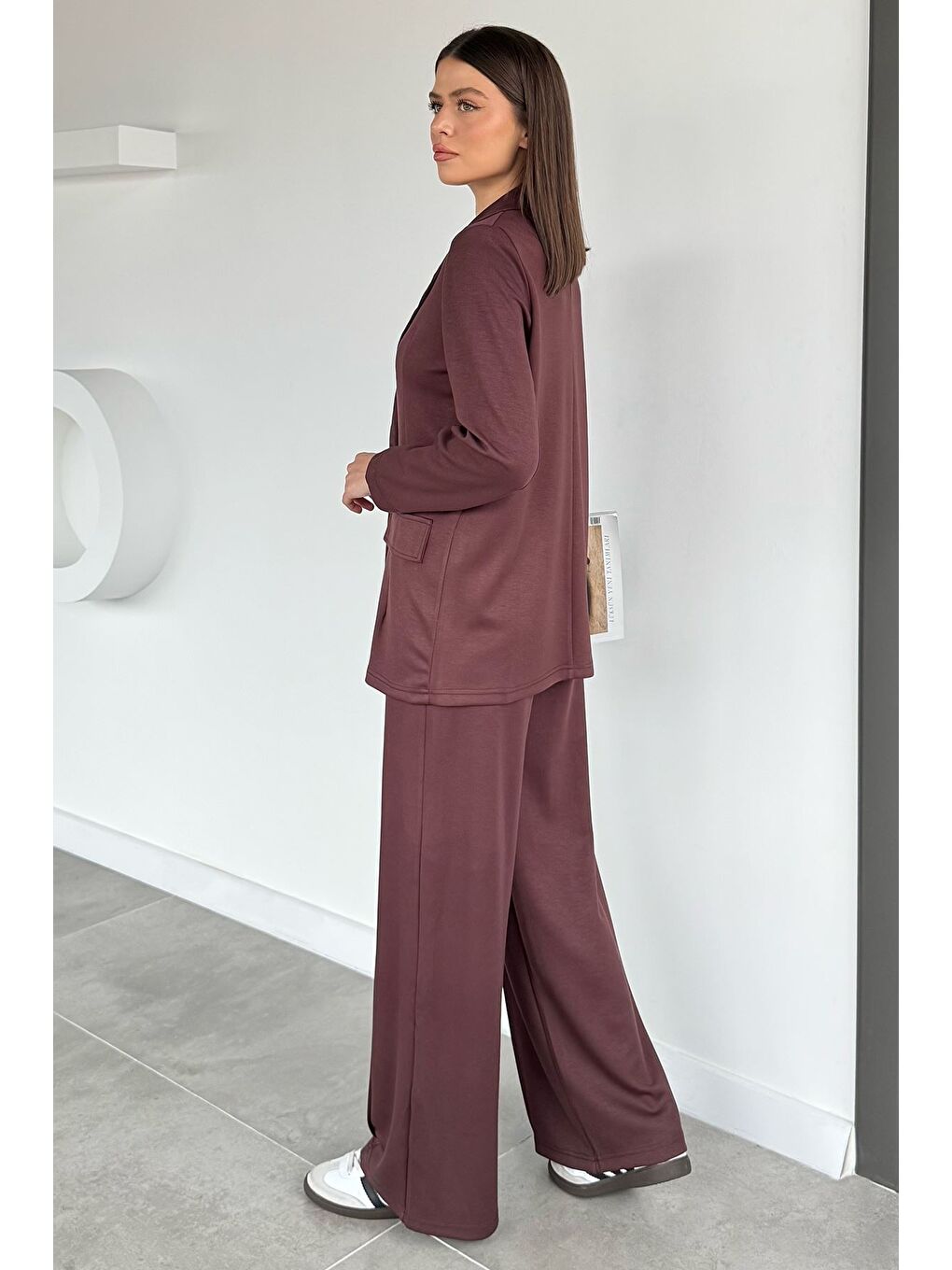 Kahverengi Kadın Tek Düğmeli Ceket Bel Lastikli Çimalı Pantolon İkili Takım-3