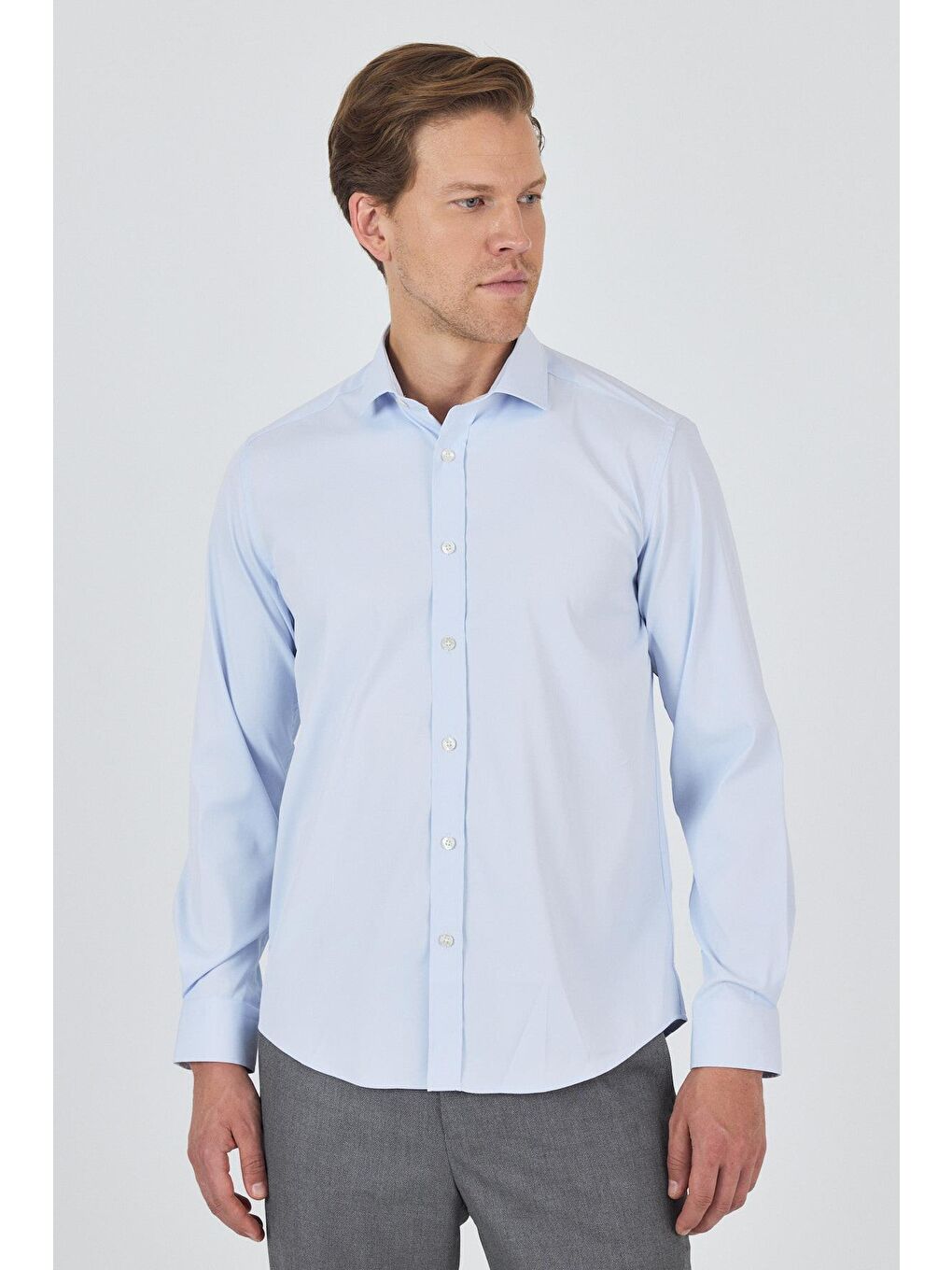Koyu Mavi Yarım İtalyan Yaka Cepsiz Gabardin Uzun Kol Slim Fit Esnek Gömlek 1004250235-4