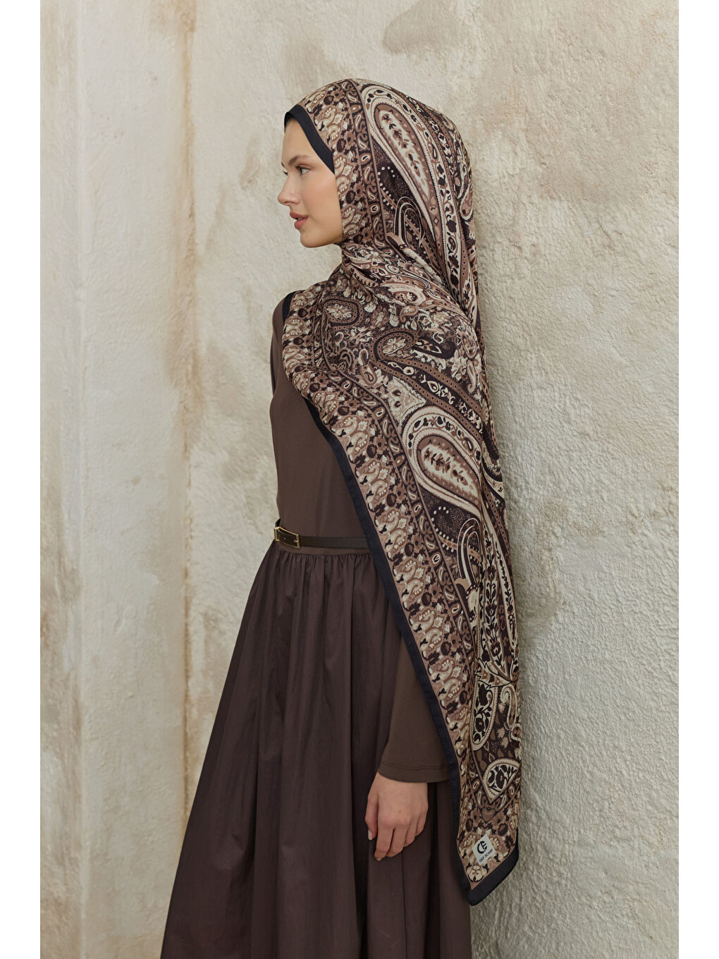 Kahverengi Cupra Prive Desenli Şal Saga Çikolata Kahve