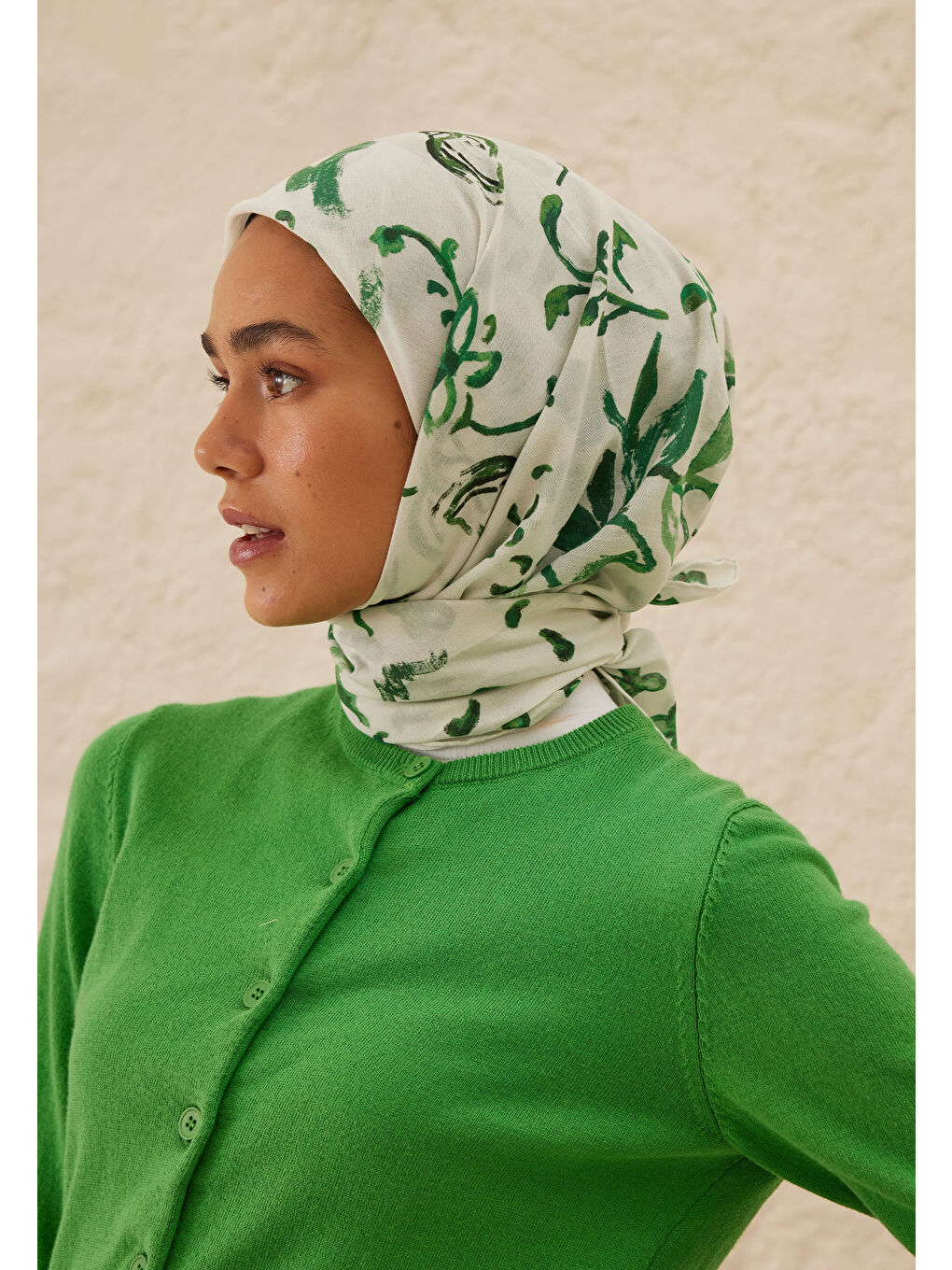 Amore Desen Pamuk Vual Eşarp Yeşil-3