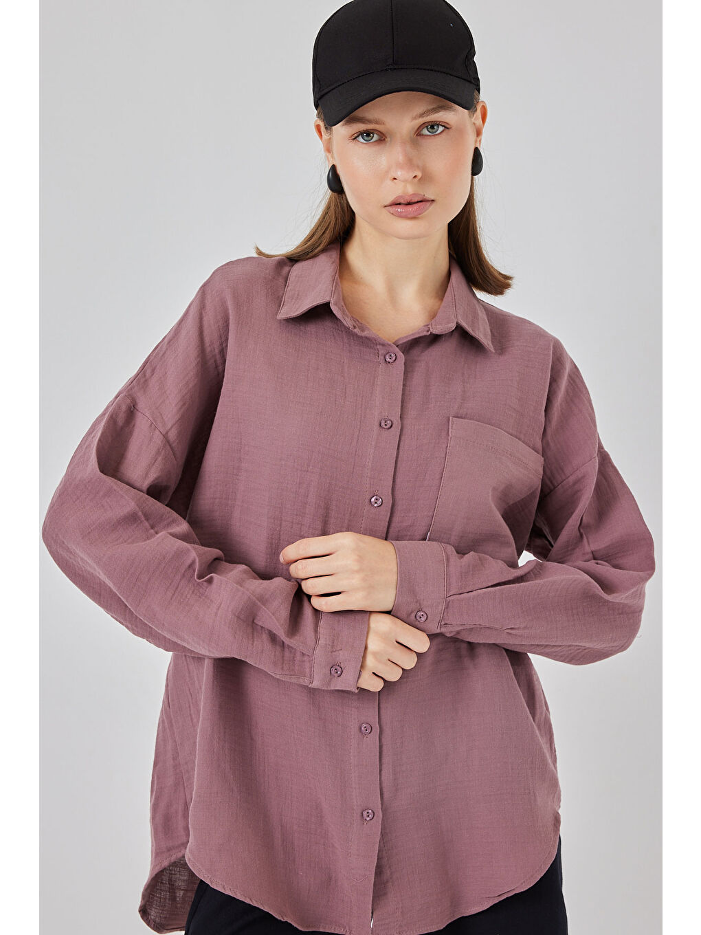 Kadın Tek Cepli Oversize Müslin Gömlek 20353 - Koyu Lila-3