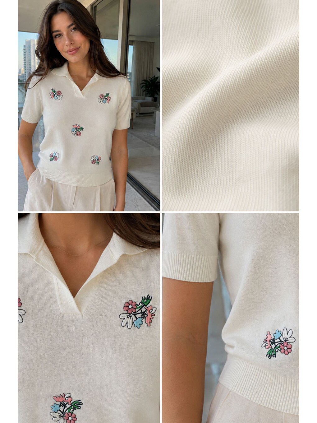 Ekru Kadın Polo Yaka Çiçek Nakışlı Triko Bluz-4