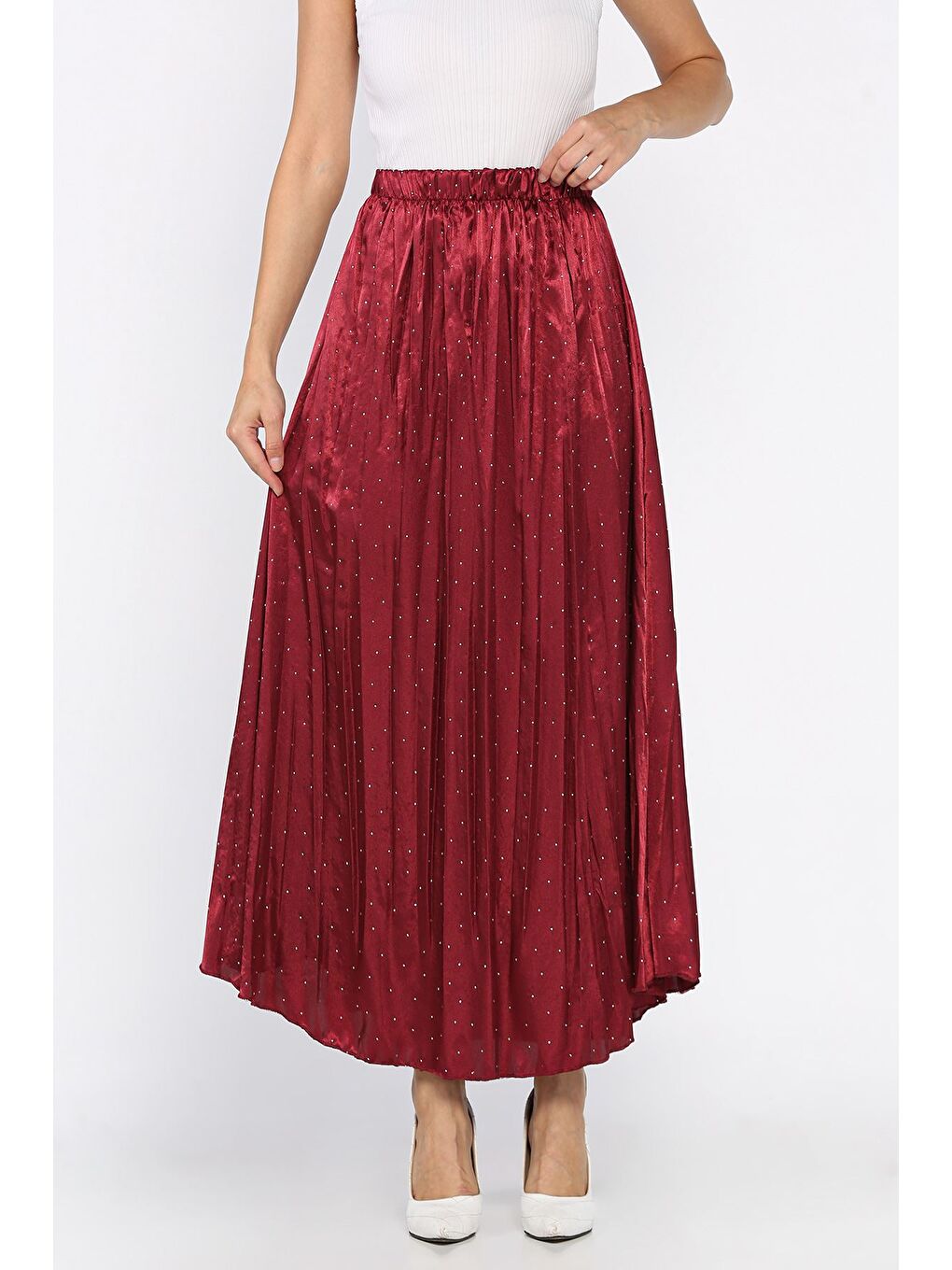 Bordo Bel Lastikli Taşlı Etek