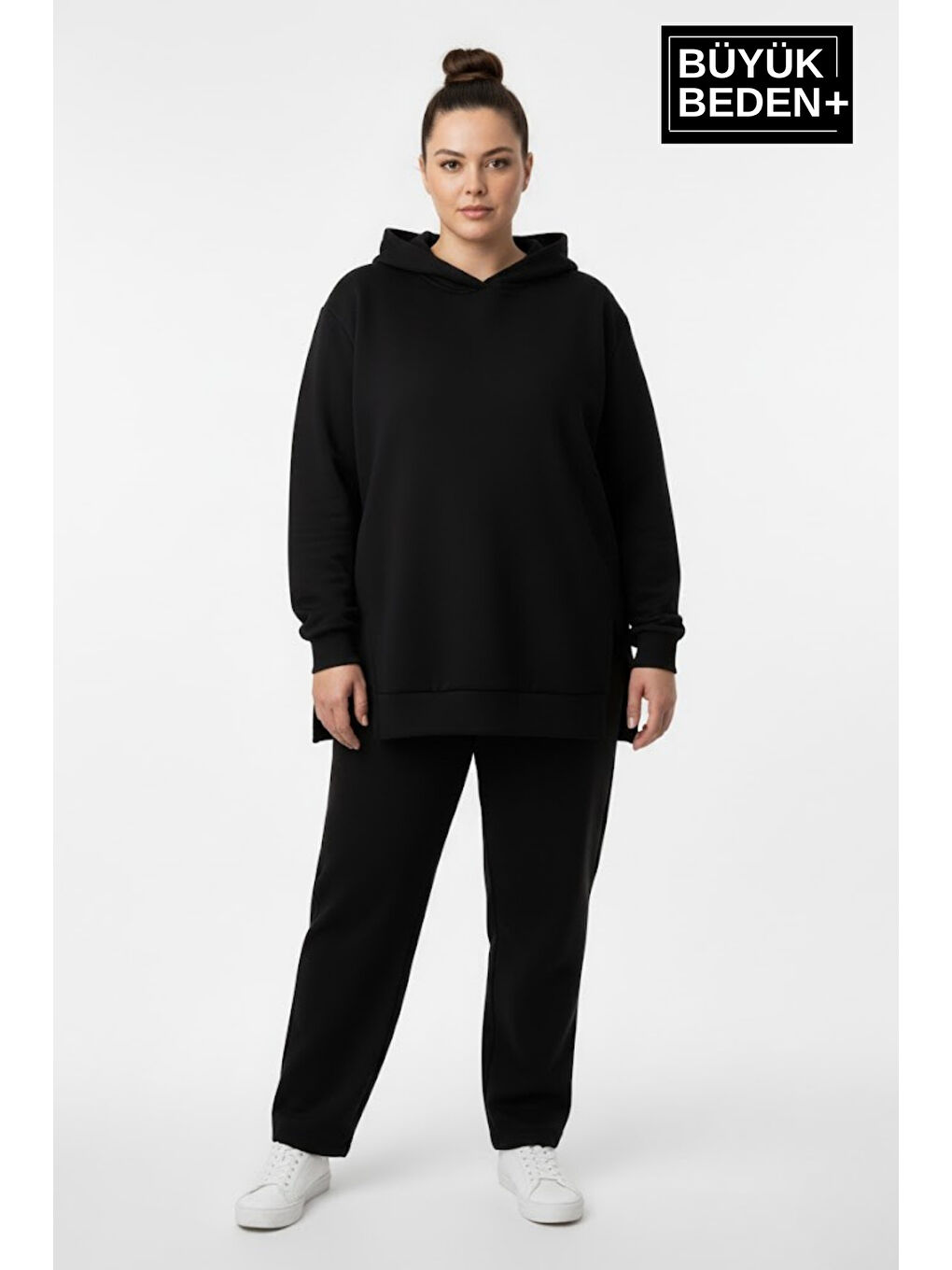 Siyah Büyük Beden Kapüşonlu Tunik Sweatshırt SPR26BTK991