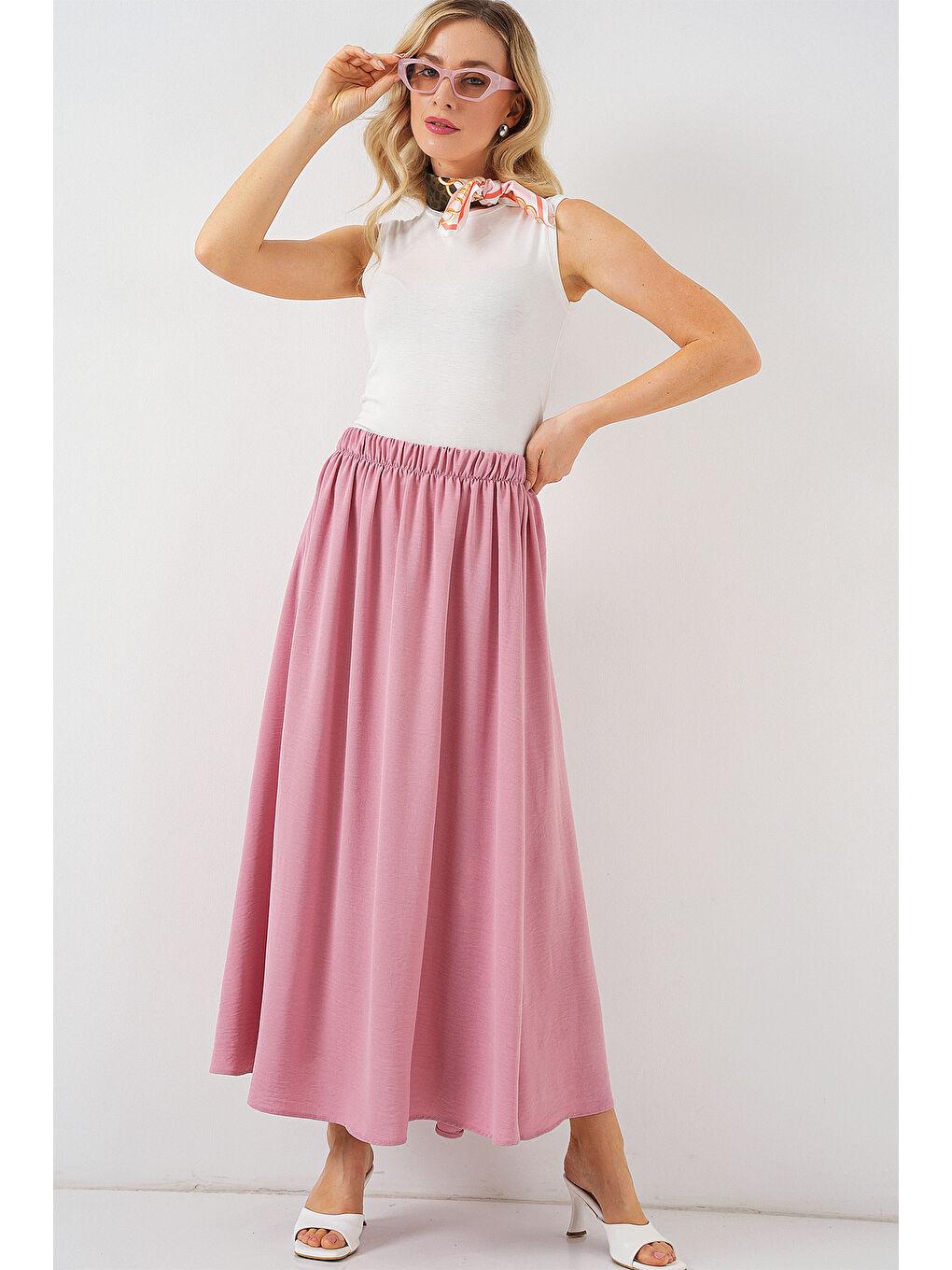 Pembe Kadın Uzun Ayrobin Etek 8050 - Pudra-2