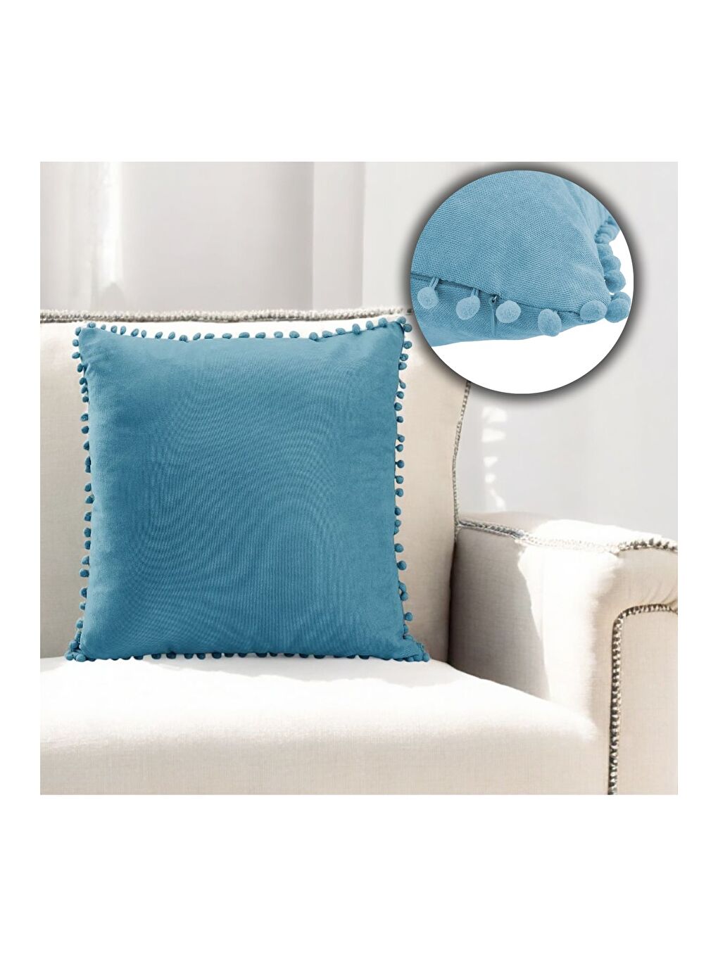 Renk Ve Ölçü Seçenekli Mavi Ponponlu Kırlent Kılıfı Dekoratif Düz Sade Punch Panoroma-1