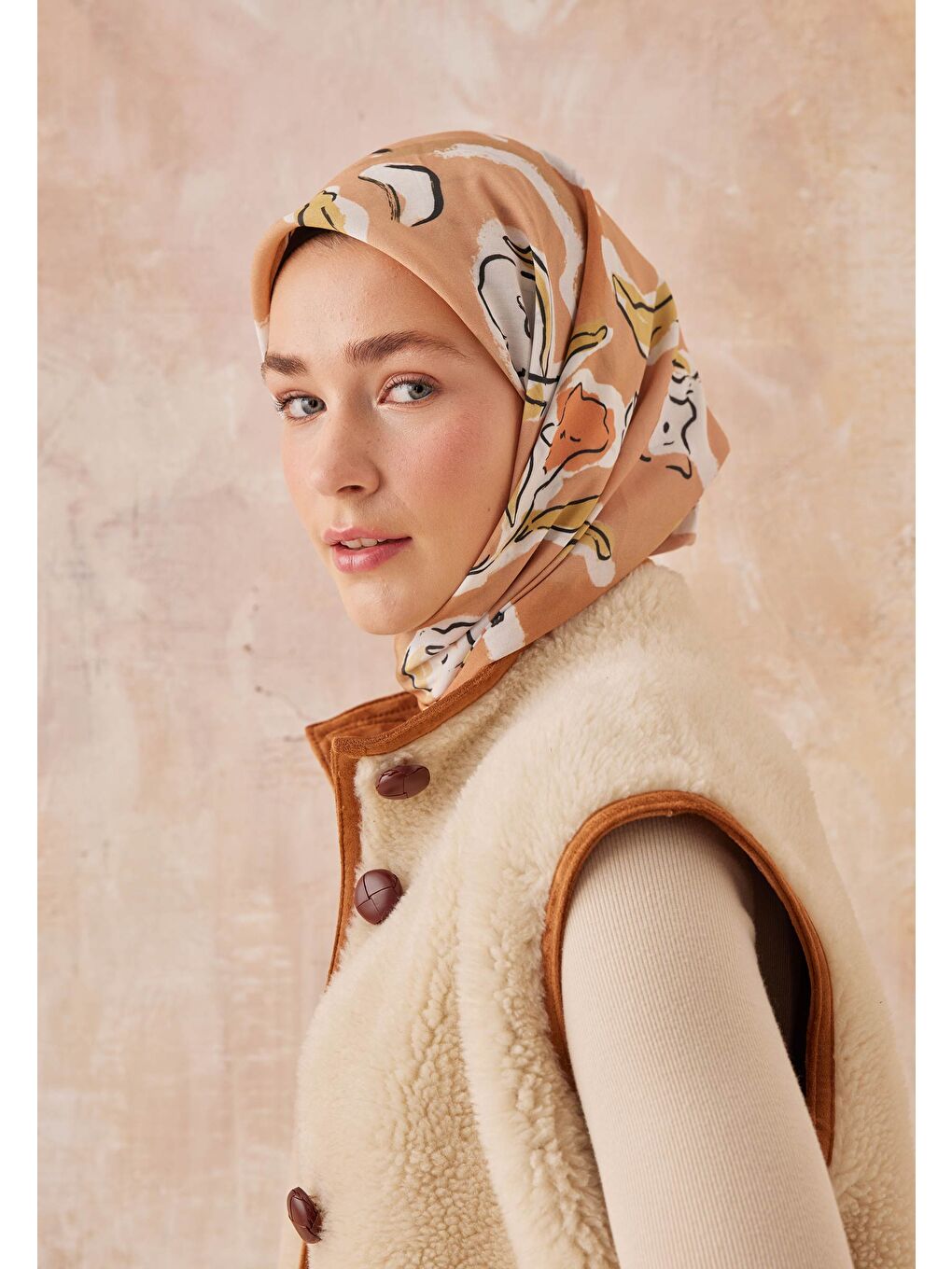 Aspen Desen Pamuk İpek Eşarp Pastel Turuncu-2