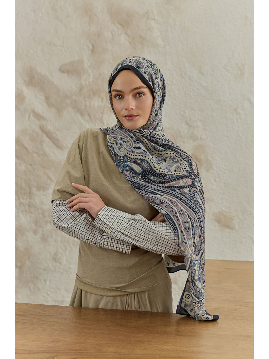 Bej Cupra Prive Desenli Şal Saga Taş-3