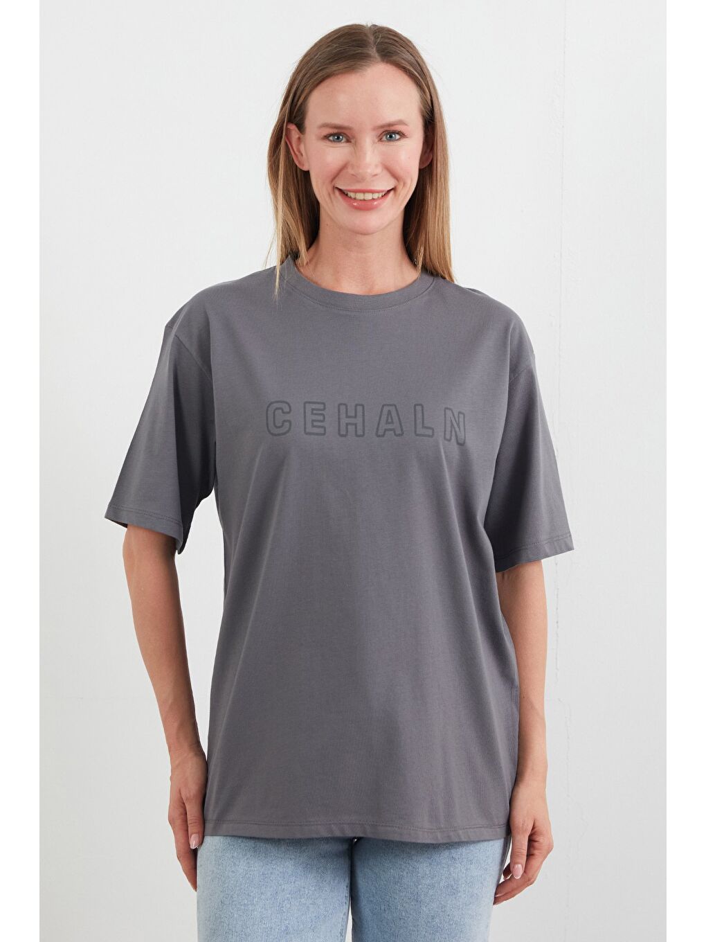 Antrasit Cehaln Yazı Baskılı Oversize Tişört