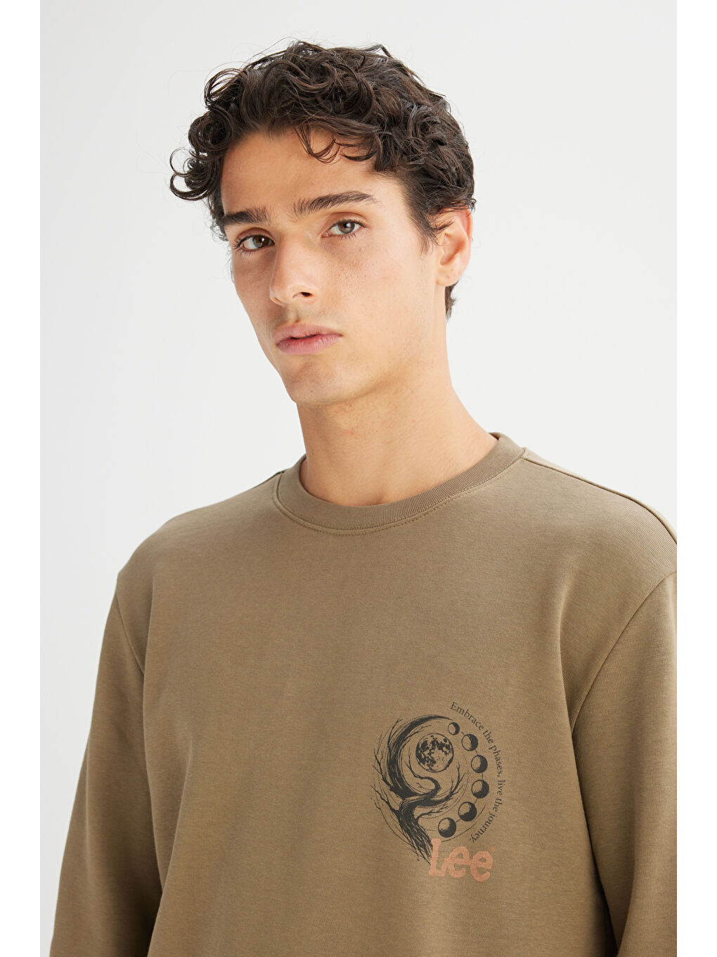 Regular Fit Normal Kesim Bisiklet Yaka Baskılı Haki Sweatshirt-3