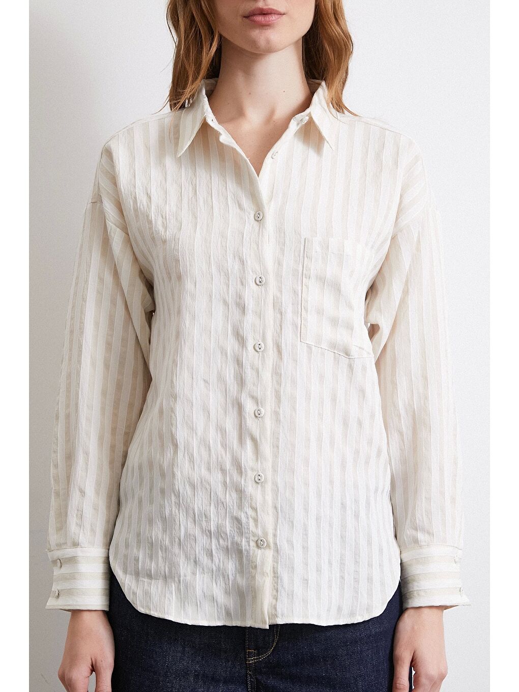 Multi Çizgili Cepli Gömlek Bej