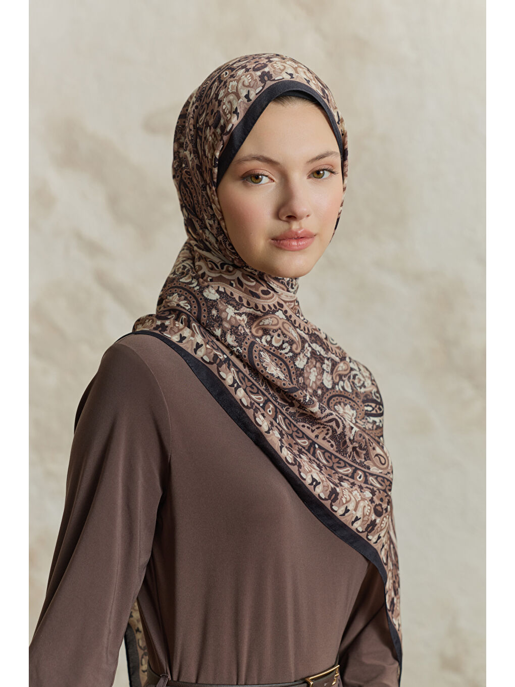 Kahverengi Cupra Prive Desenli Şal Saga Çikolata Kahve-1