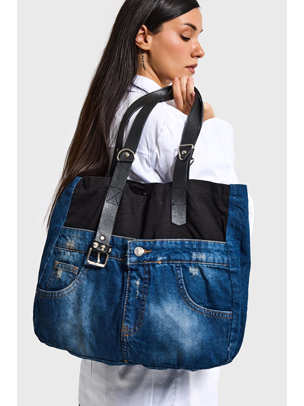 Mavi Jean Rengi Deri Askılı Özel Tasarım Denim Çanta
