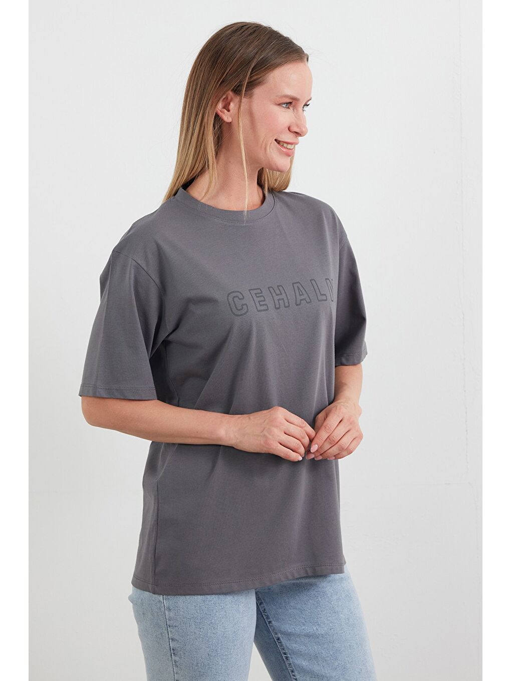 Antrasit Cehaln Yazı Baskılı Oversize Tişört-2