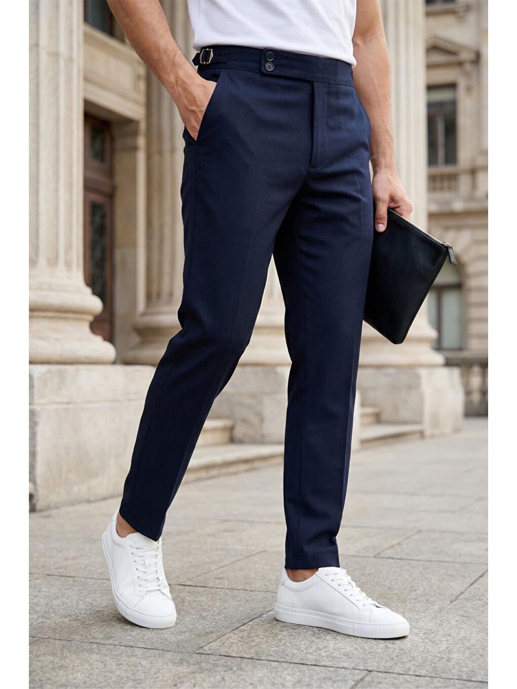 Lacivert Gurkha Stil Yan Ayarlı Metal Tokalı Slim Fit Erkek Kumaş Pantolon Özel Kesim Kruvaze Bel