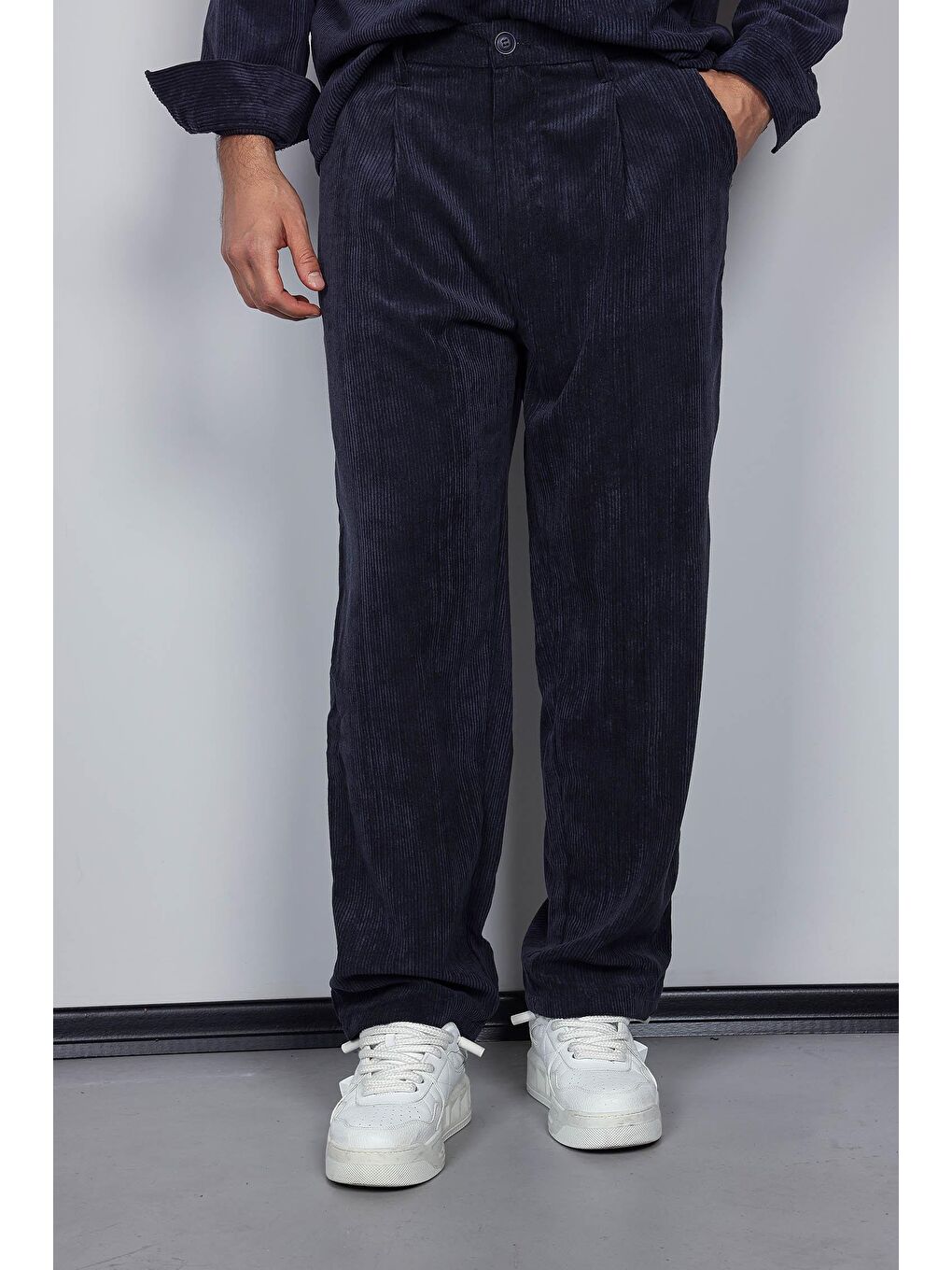 Erkek Kadife Dokulu Baggy Fit Pantolon Lacivert-1