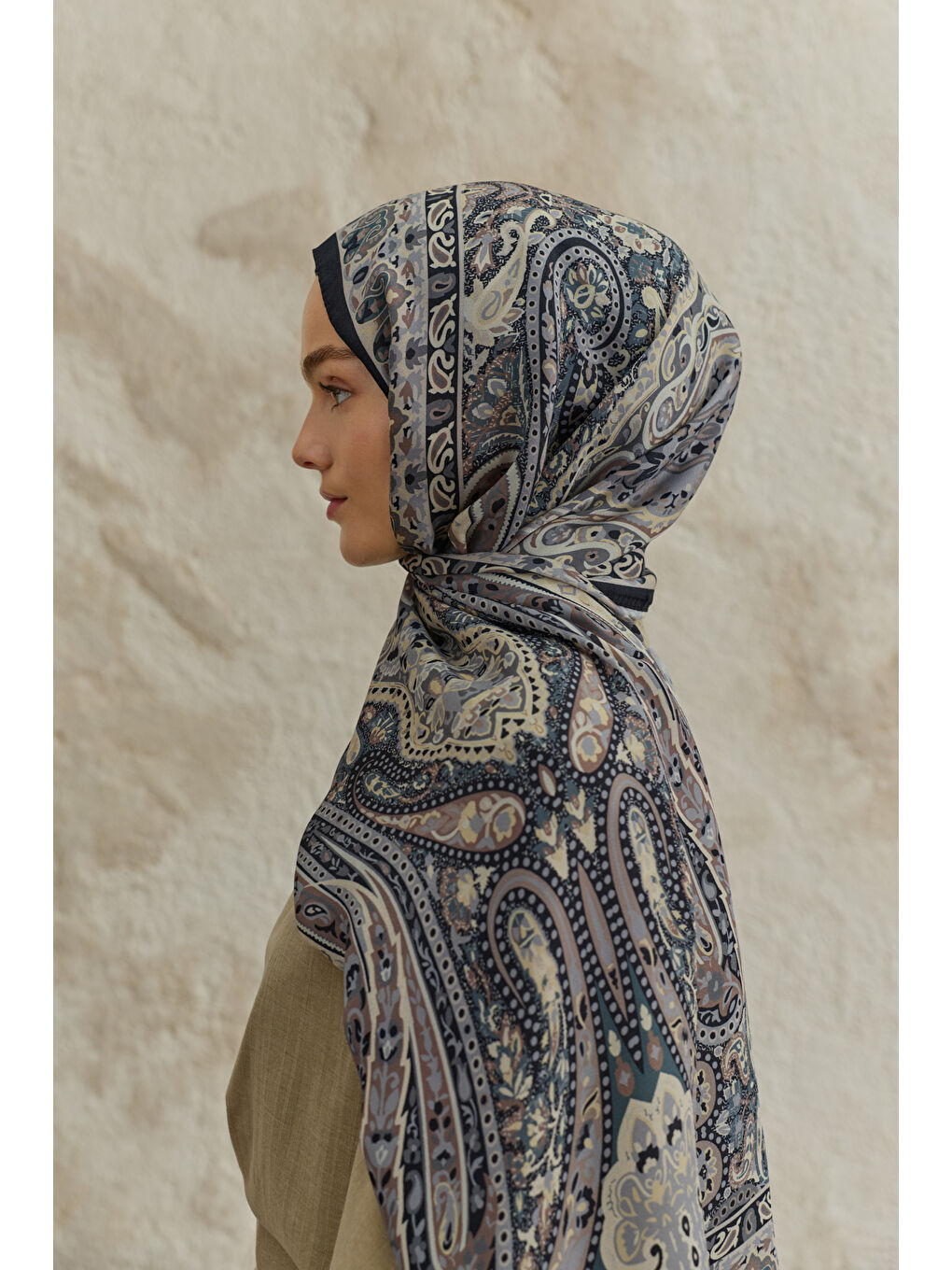 Bej Cupra Prive Desenli Şal Saga Taş-4