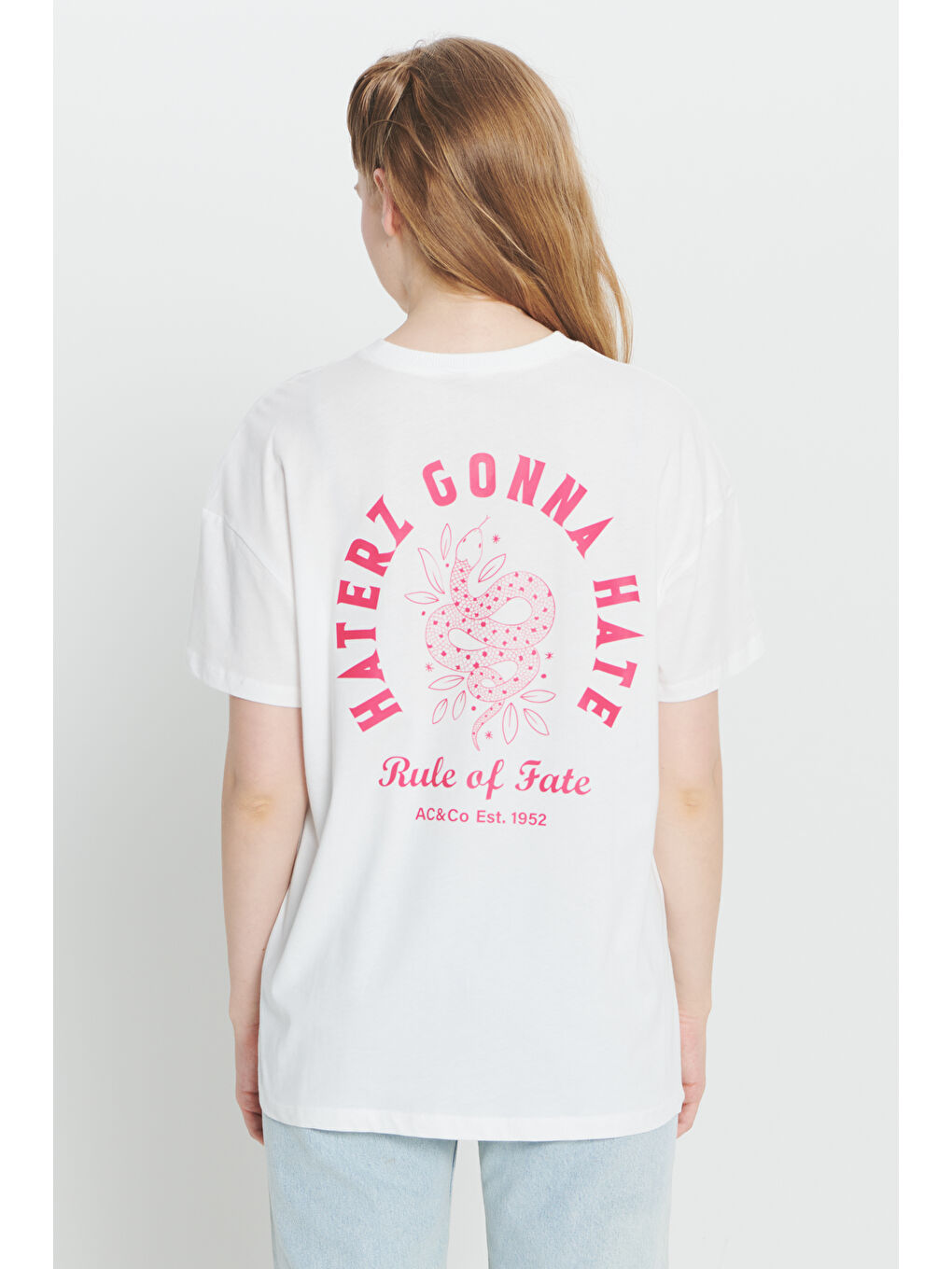 Ekru %100 Pamuk Oversize Fit Bol Kesim Bisiklet Yaka Baskılı Tişört-5