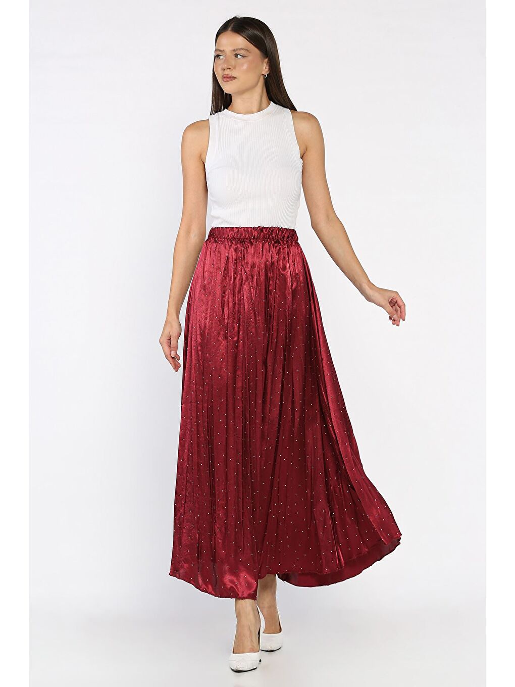 Bordo Bel Lastikli Taşlı Etek-1