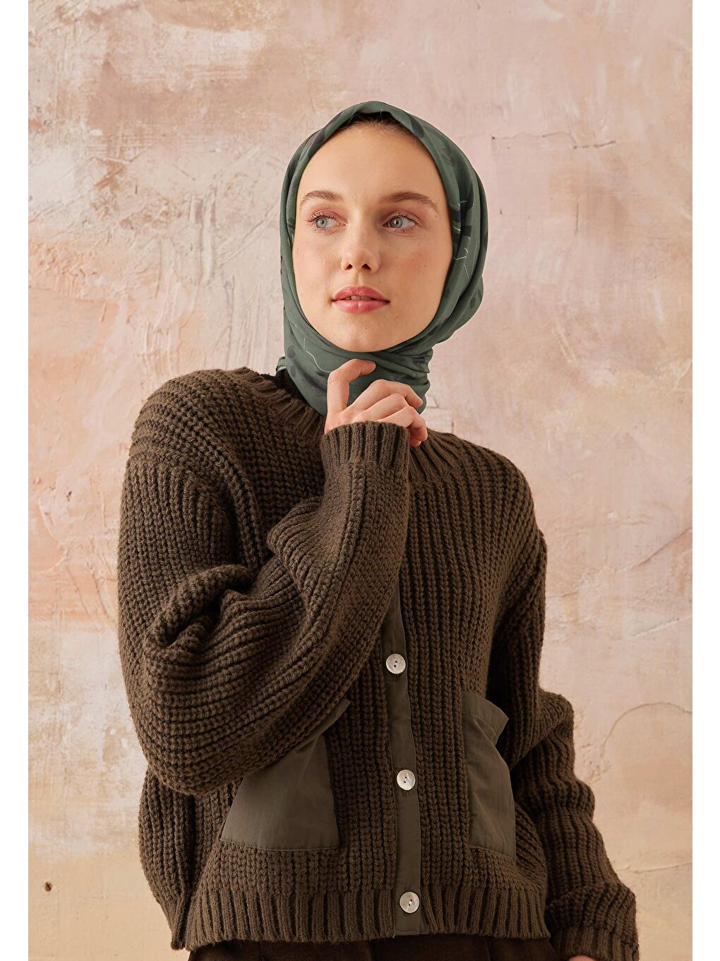 Aura Desen Pamuk İpek Eşarp Orman Yeşili-1