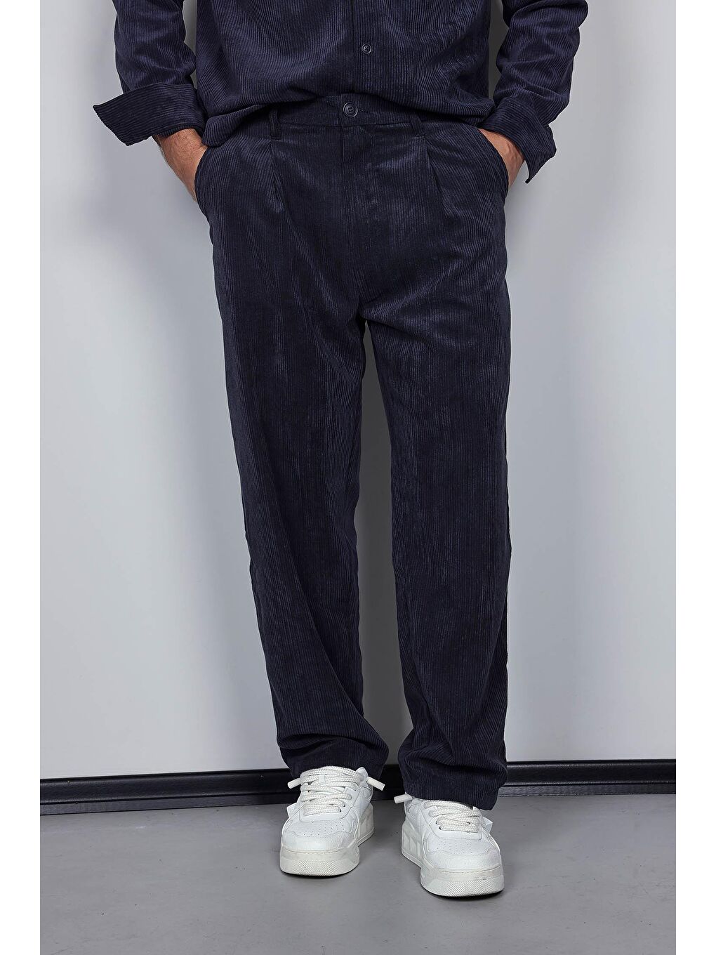 Erkek Kadife Dokulu Baggy Fit Pantolon Lacivert-2