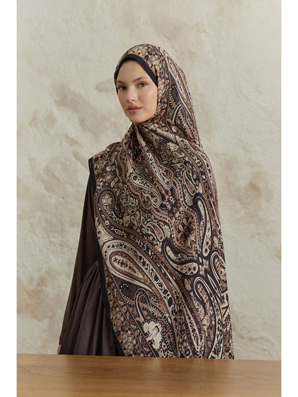 Kahverengi Cupra Prive Desenli Şal Saga Çikolata Kahve-2