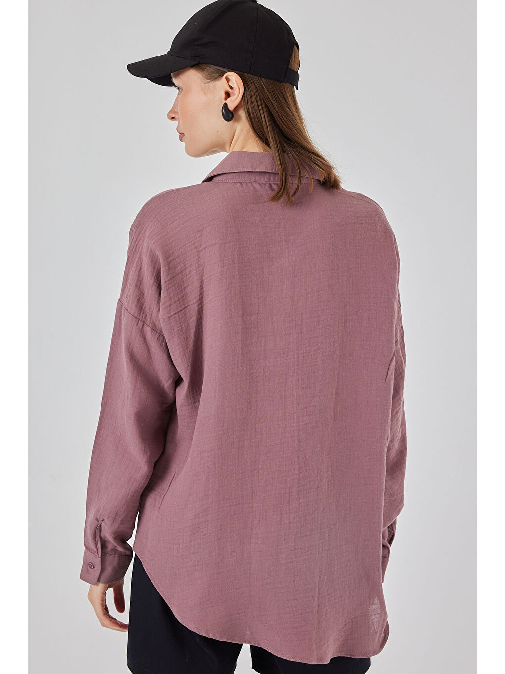 Kadın Tek Cepli Oversize Müslin Gömlek 20353 - Koyu Lila-5