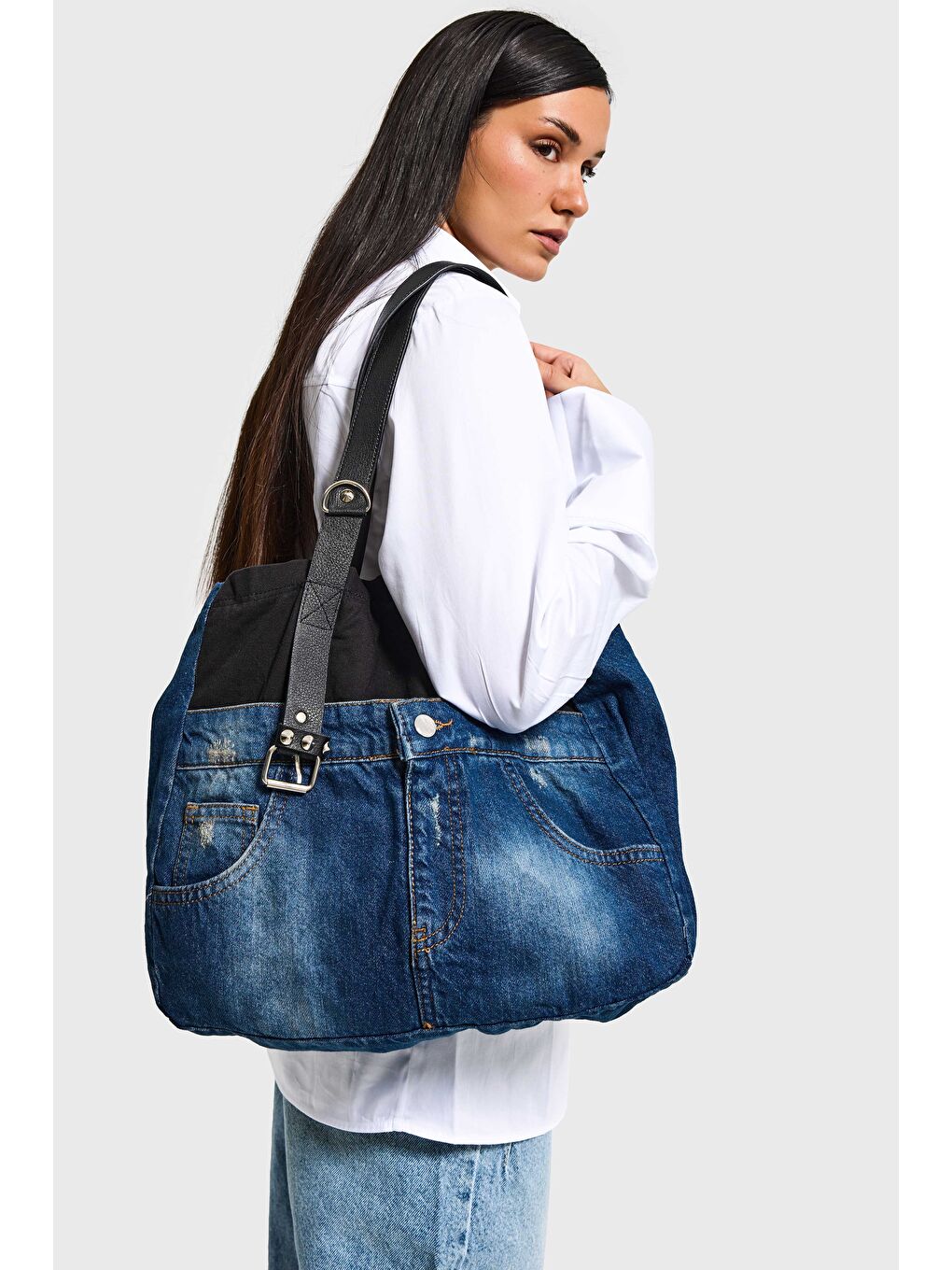Mavi Jean Rengi Deri Askılı Özel Tasarım Denim Çanta-2