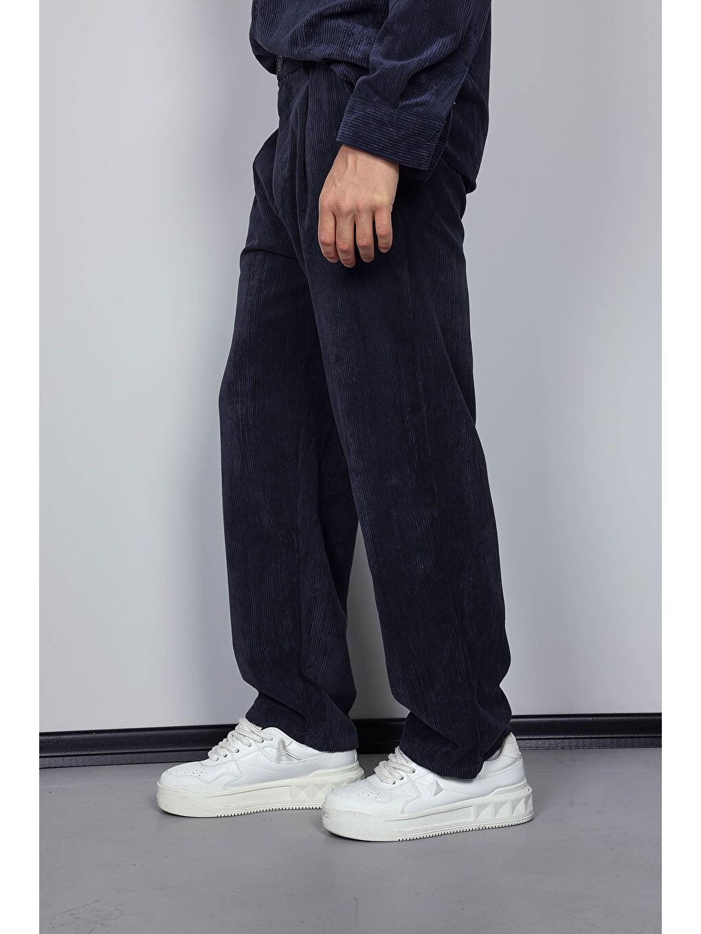 Erkek Kadife Dokulu Baggy Fit Pantolon Lacivert-4